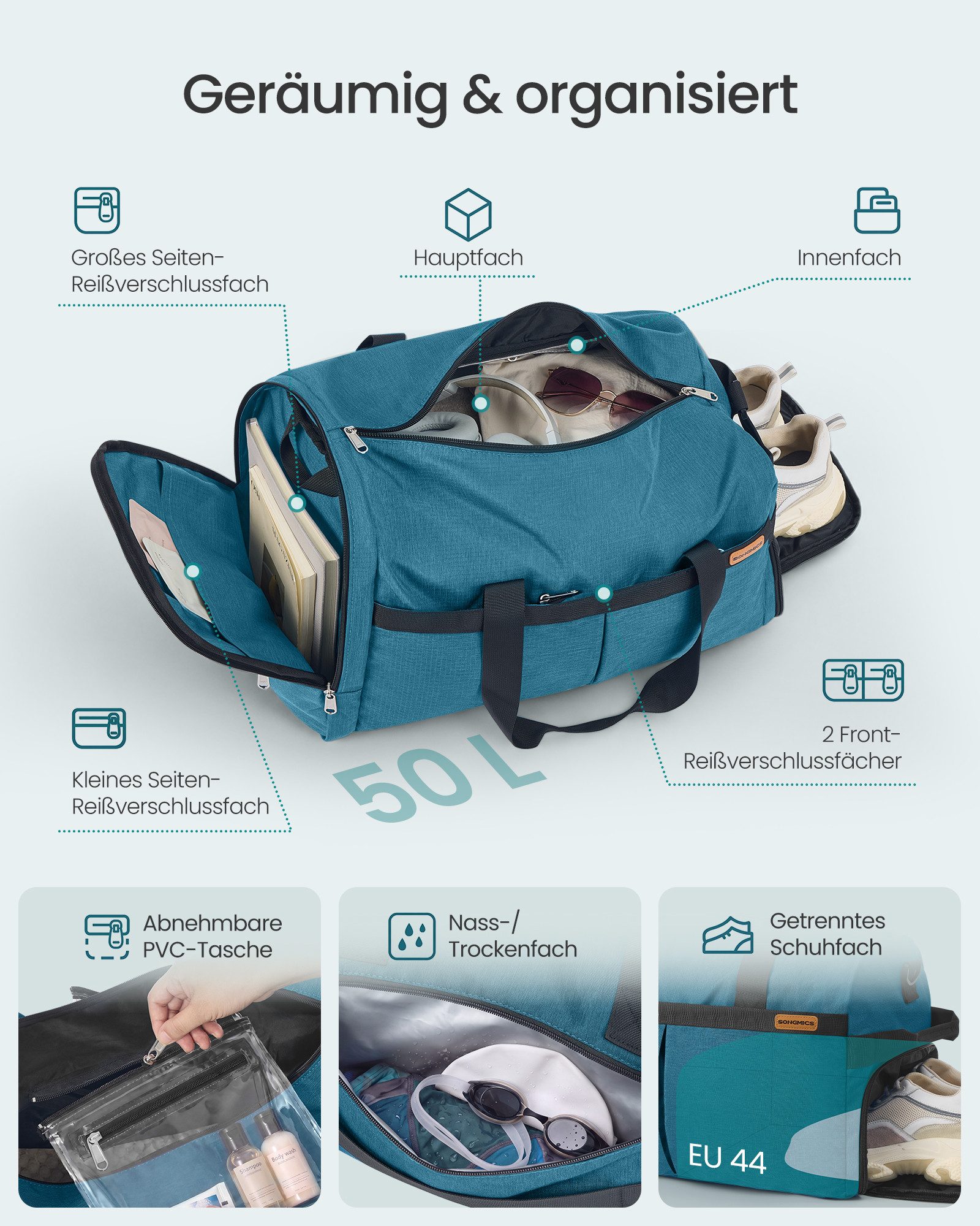 SONGMICS Reisetasche Reisetasche mit Schuhfach & Nassfach, Faltbare Sporttasche Weekender, 50 L, 55 x 35 x 25 cm, Blau – Bild 3 von 5