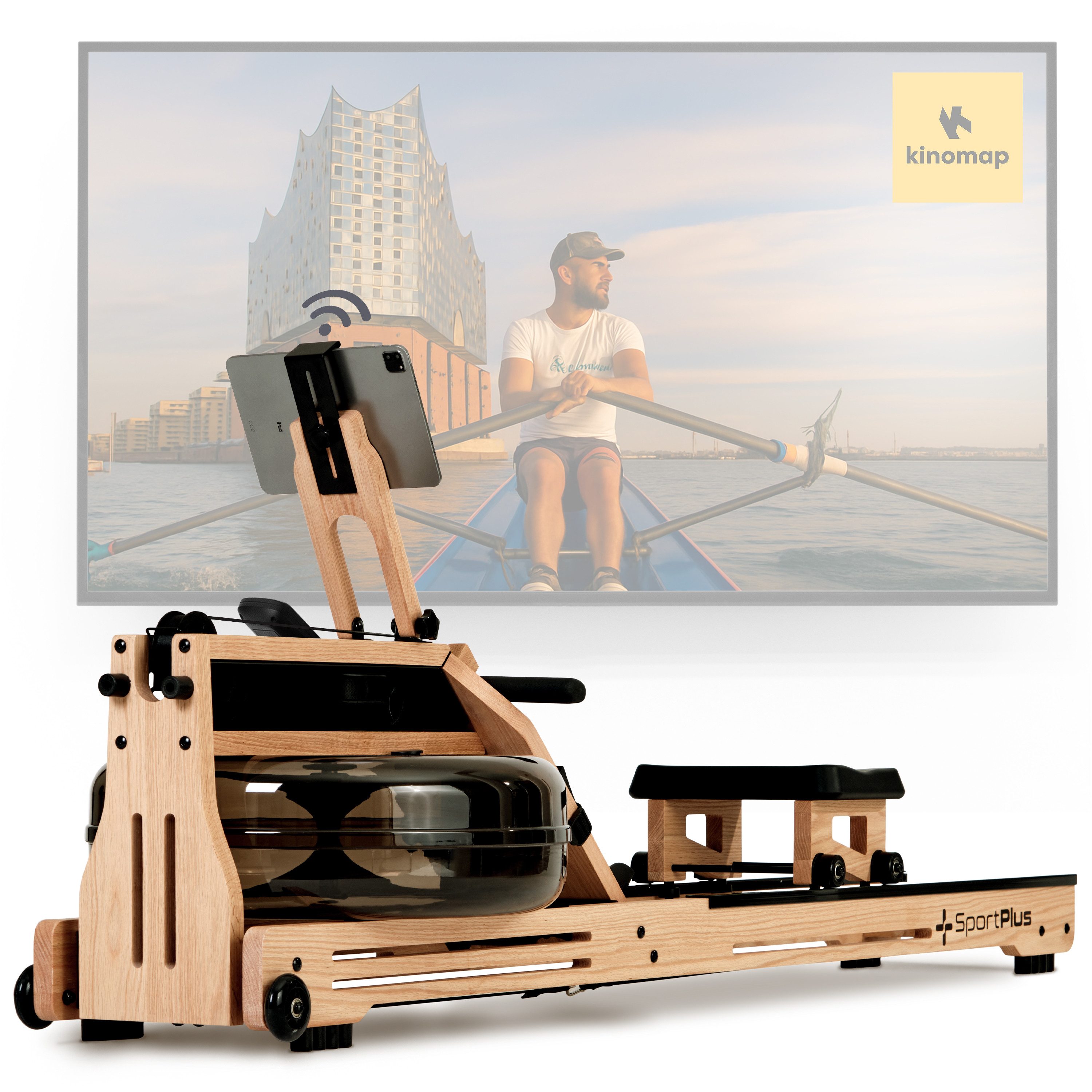 SportPlus Rudergerät SP-WR-1800, Holz-Wasser-Rudergerät, aus Natur-Massivholz, 8 Stufen