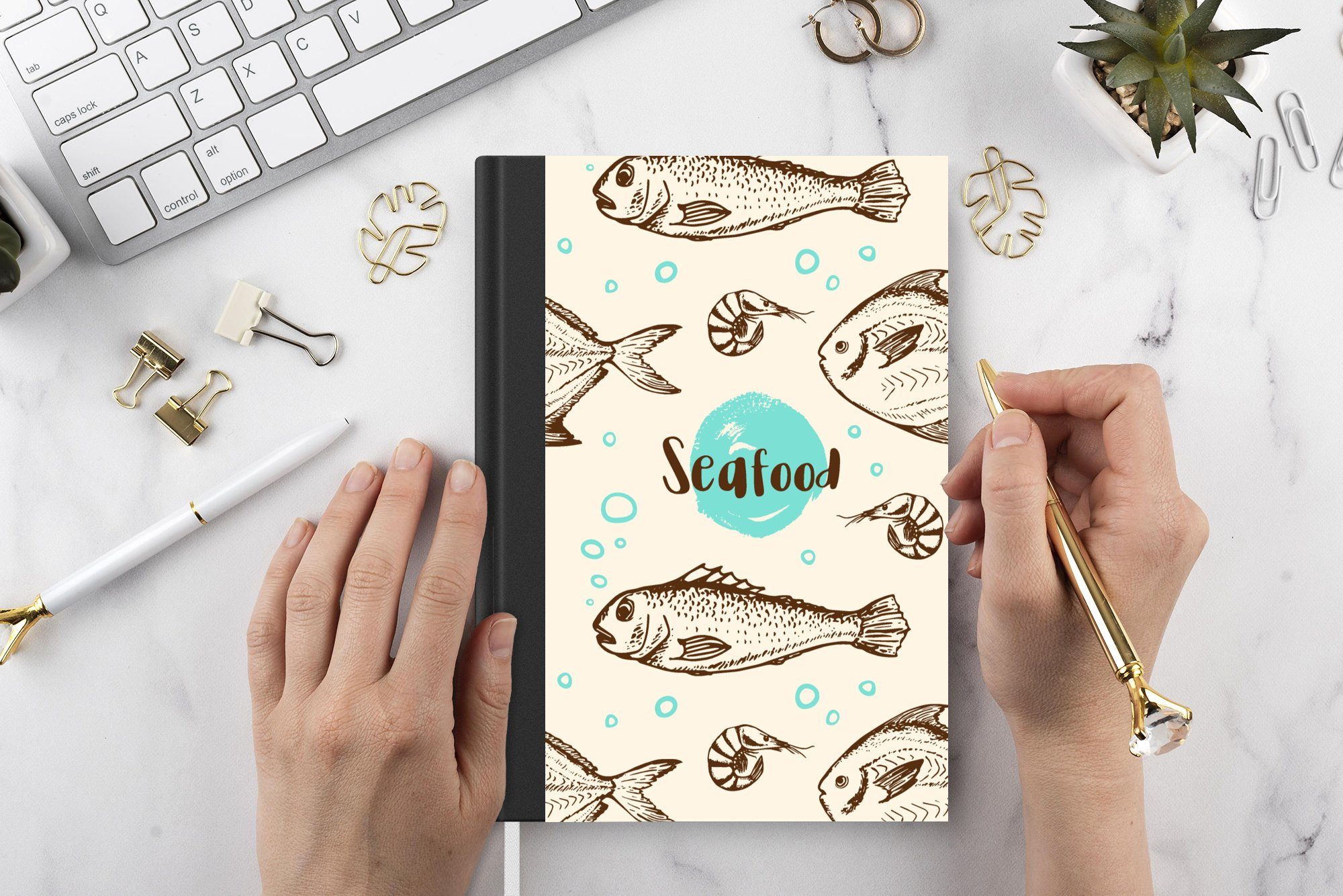 MuchoWow Notizbuch Tagebuch, A5, - Journal, Muster Haushaltsbuch Lebensmittel Fisch, Notizheft, 98 Seiten, - Merkzettel