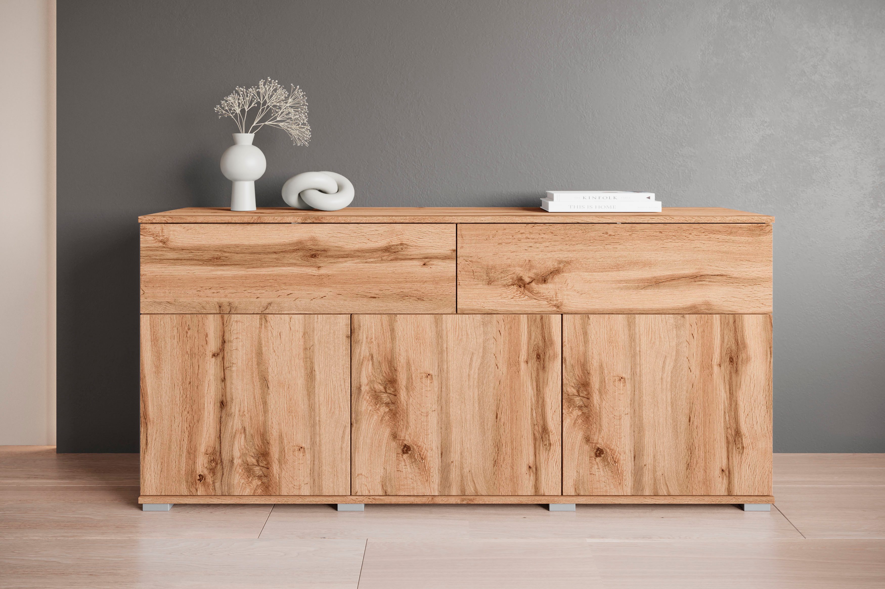 OTTO home Sideboard Kenia, Kommode mit 3 Türen und 2 Schubladen, 150 cm breit (1 St), Griffloses Design mit Push-to-Open und verstellbaren Einlegeböden