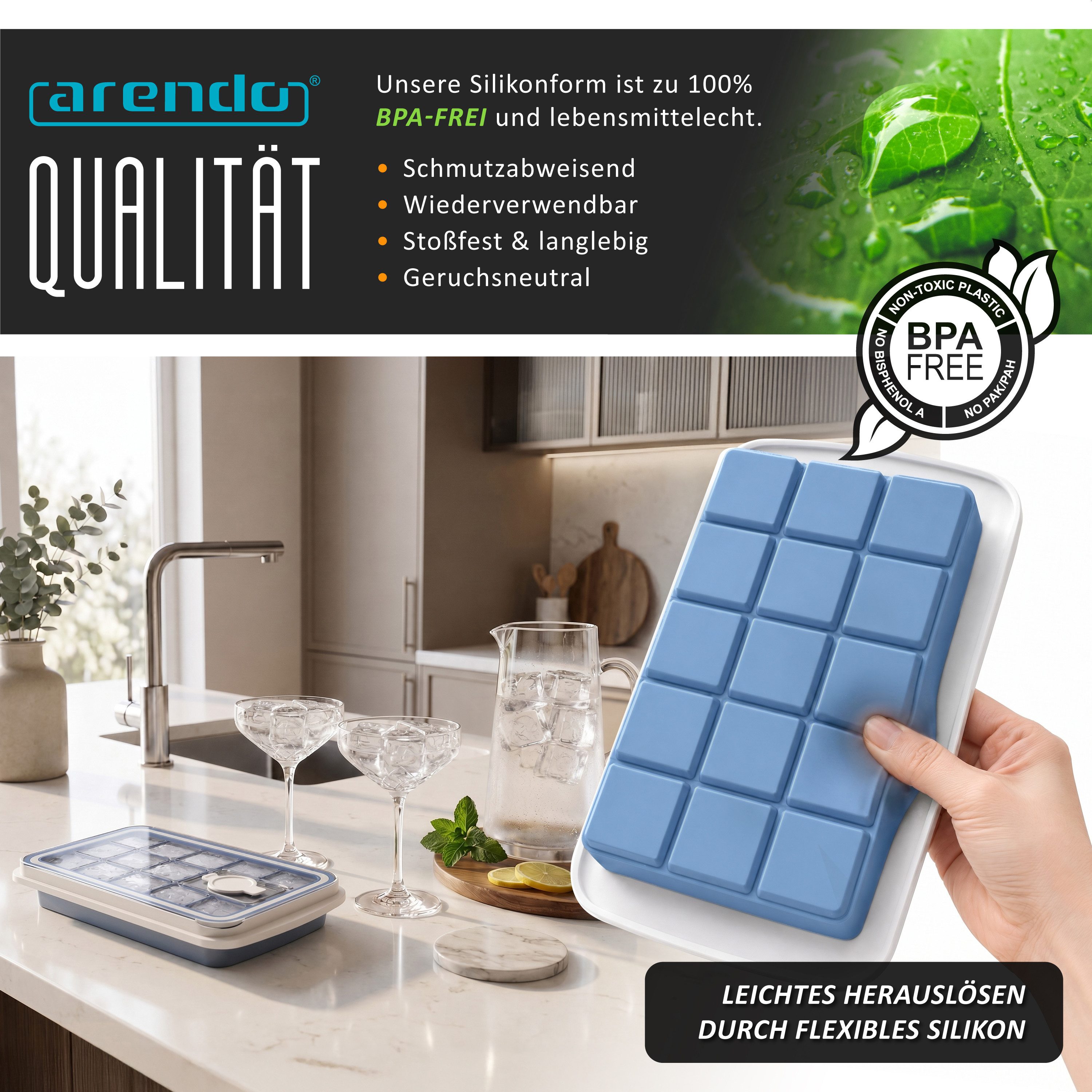 Arendo Eiswürfelform Silikon 350ml, 15 Eiswürfel, spülmaschinengeeignet, stapelbar, (1-tlg), quadratisch, Deckel, Einfüllöffnung, leichtes Herauslösen, BPA-frei