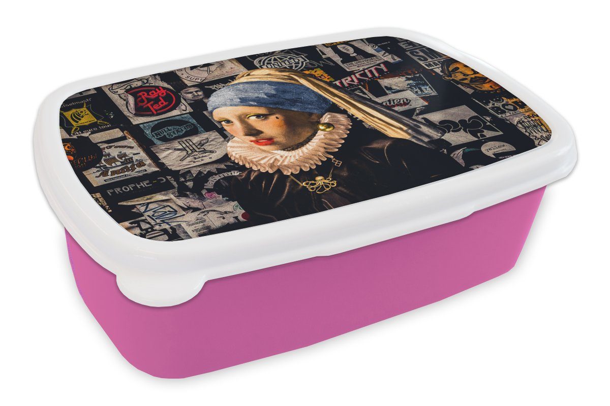 MuchoWow Lunchbox Das Mädchen mit dem Perlenohrring - Tätowierung - Vermeer, Kunststoff, (2-tlg), Brotbox für Erwachsene, Brotdose Kinder, Snackbox, Mädchen, Kunststoff rosa