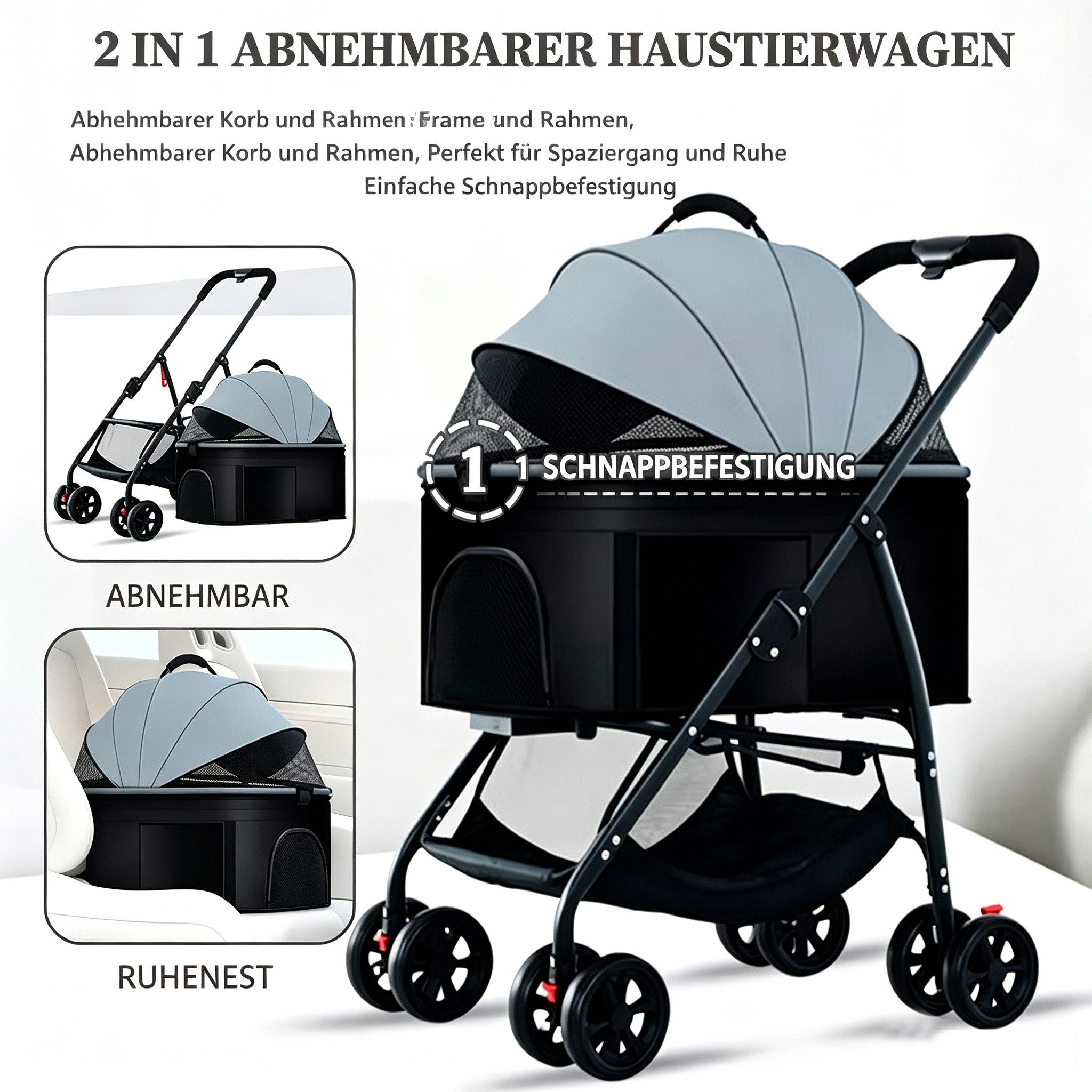 ibettertec Hundebuggy 2-in-1 Hundebuggy für Hunde und Katzen, (faltbarer Haustierwagen mit abnehmbarer Transportwanne), 360° Schwenkrädern und bis 40 kg belastbar