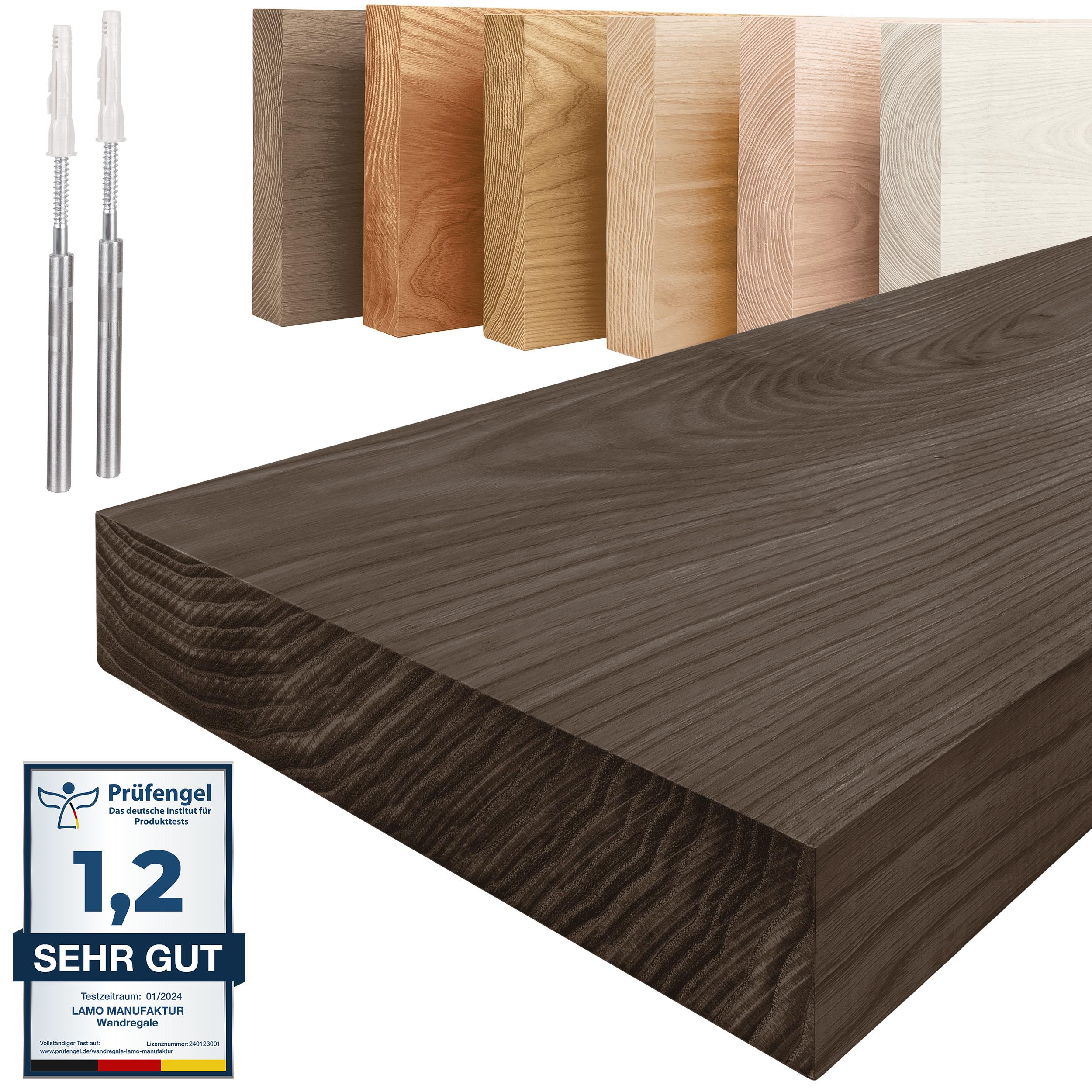 LAMO Manufaktur Wandregal Holz Gerade, Regal Farbe: Schwarz, Invisible: Schweberegal, 40 cm, Komplett-Set, 40mm stake Massivholzplatte
