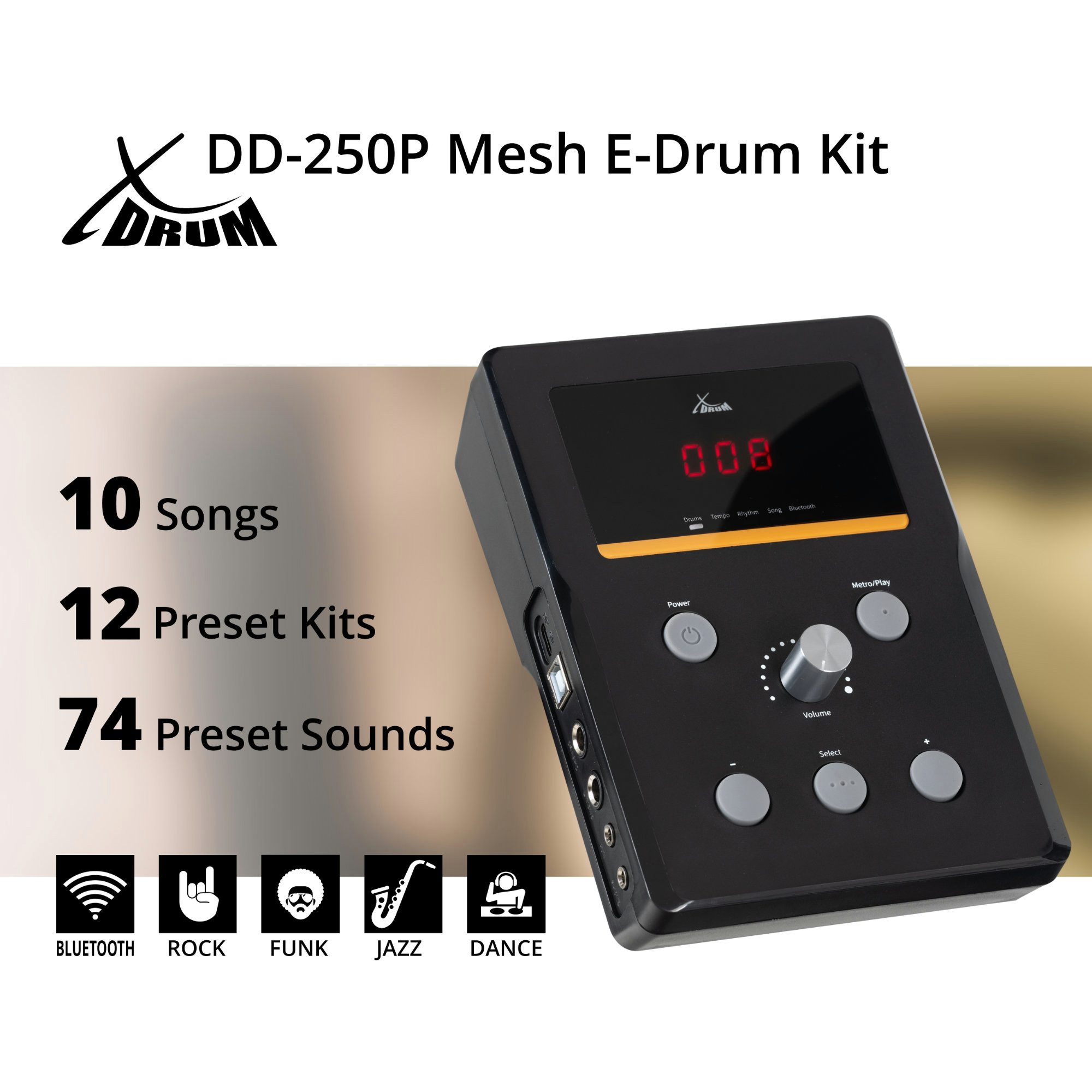 XDrum E-Drum DD-250P E-Drum Kit Set - Sehr platzsparendes E-Drum Set mit Zubehör,Komplett-Set, 10-St., Integrierter Bluetooth-Empfänger, 12 Presetkits mit 74 Sounds & 10 Playalong Songs