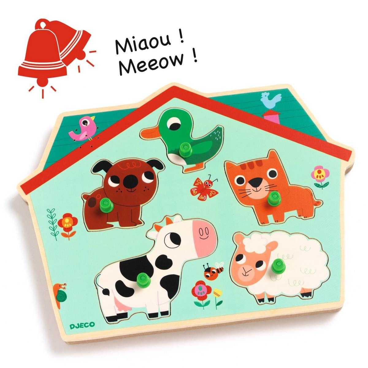 DJECO Puzzle Soundpuzzle Ouaf woof Holzpuzzle Tierpuzzle Lernspiel, 5 Puzzleteil