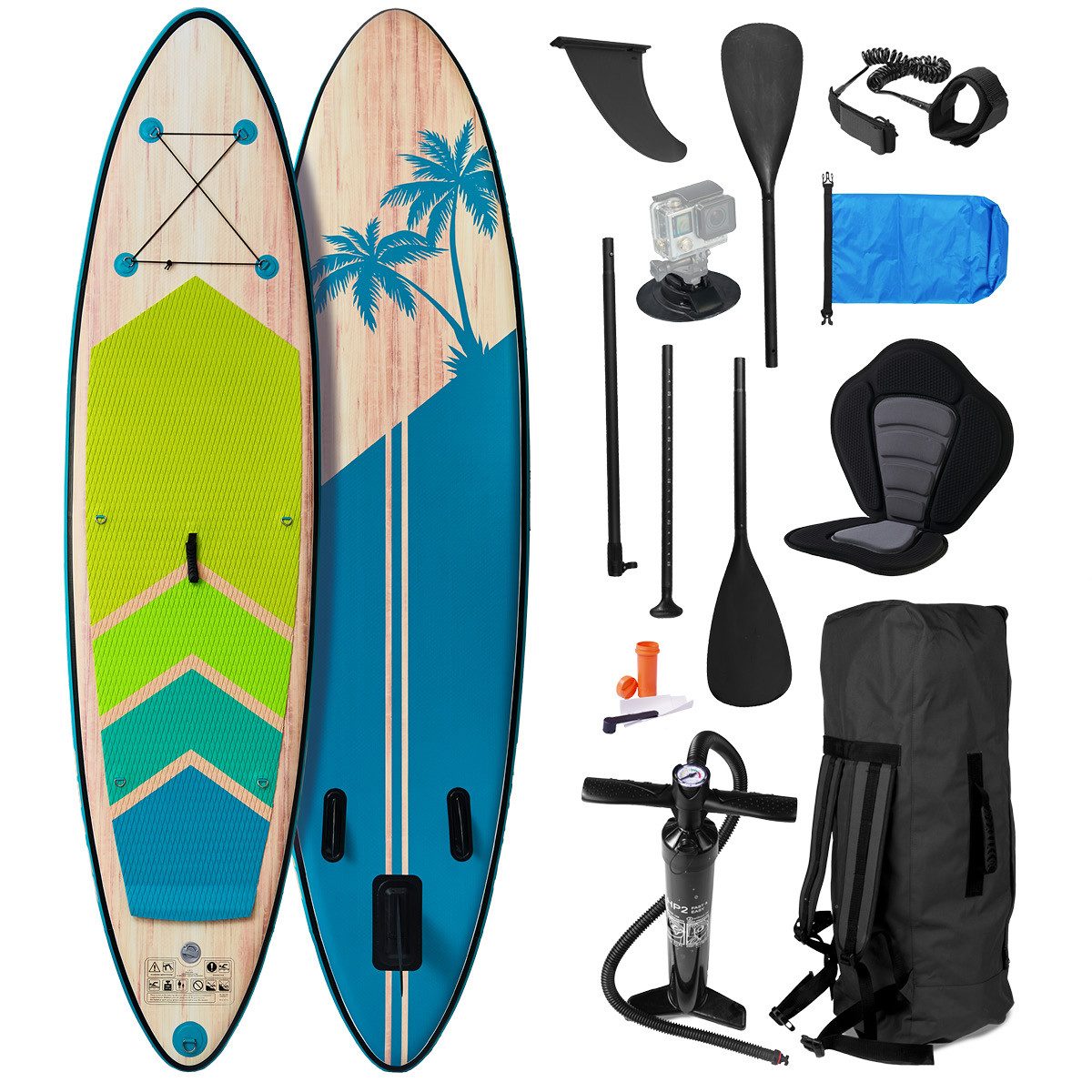 BRAST SUP-Board Tropic Aufblasbares Stand up Paddle Set - 320x81x15cm, 5 Jahre Garantie inkl. Sonderzubehör, (2in1 Paddel Kajak-Sitz Action-Cam-Halterung), Fußschlaufe Paddel Pumpe Rucksack