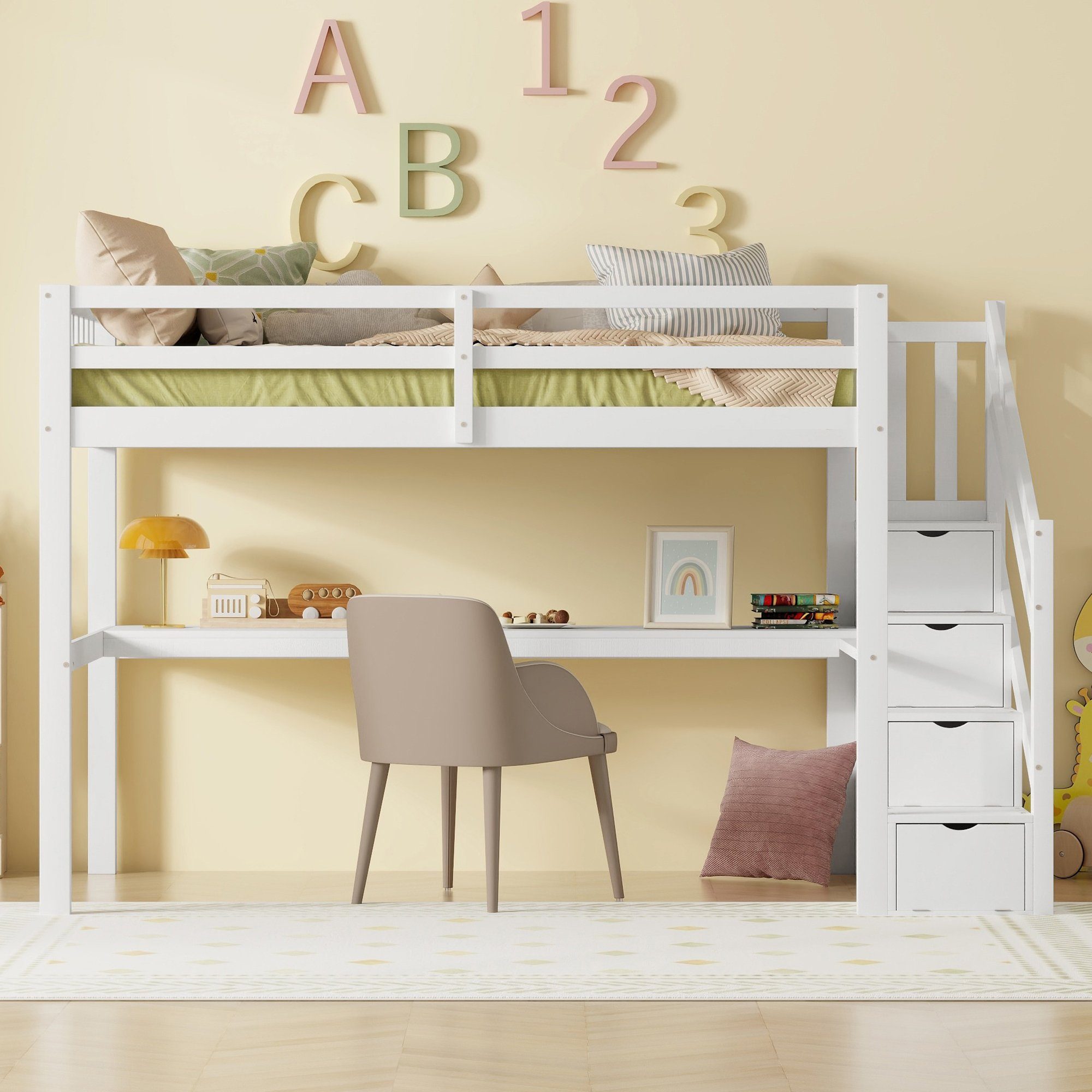 Holzbett und Stauraumschubladen (mit ohne Matratze WISHDOR Kinderbett Stauraumbett 90x200 Funktionsbett Unterbettschreibtisch), cm Weiß Kinderhochbett