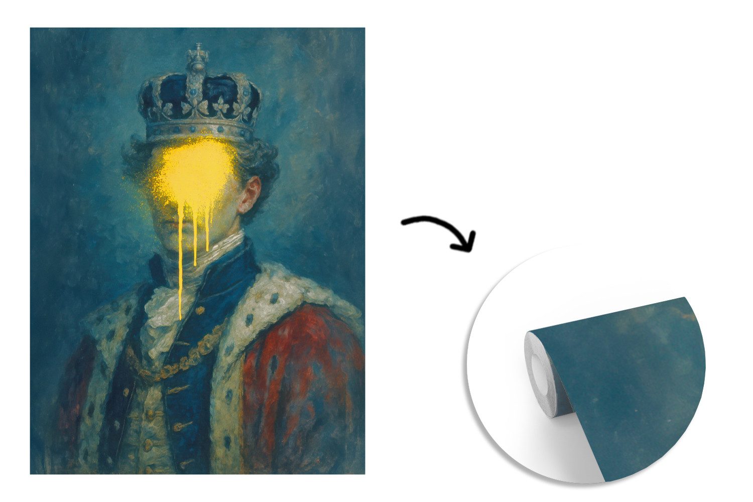 MuchoWow Fototapete König - Porträt - Tropfende gelbe Farbe, Matt, bedruckt, Wallpaper für Wohnzimmer, Schlafzimmer, Vinyl Tapete, 165x220 cm