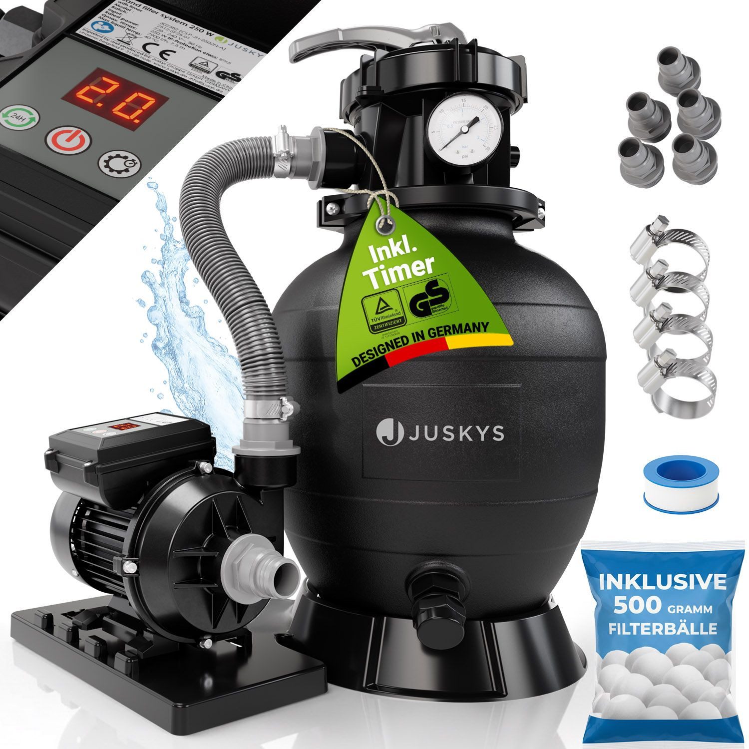 Juskys Sandfilteranlage, Timer-Funktion & 7-Wege-Ventil und Filterbälle, inkl. 2in1 Adapter