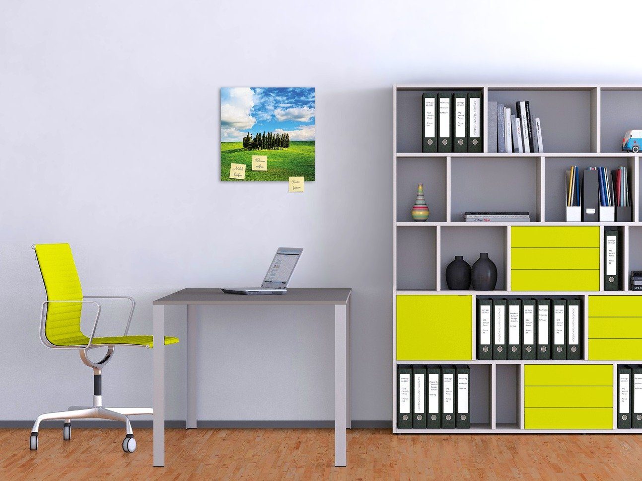 Wallario Memoboard Kleiner Wald inmitten einer weiten Wiese