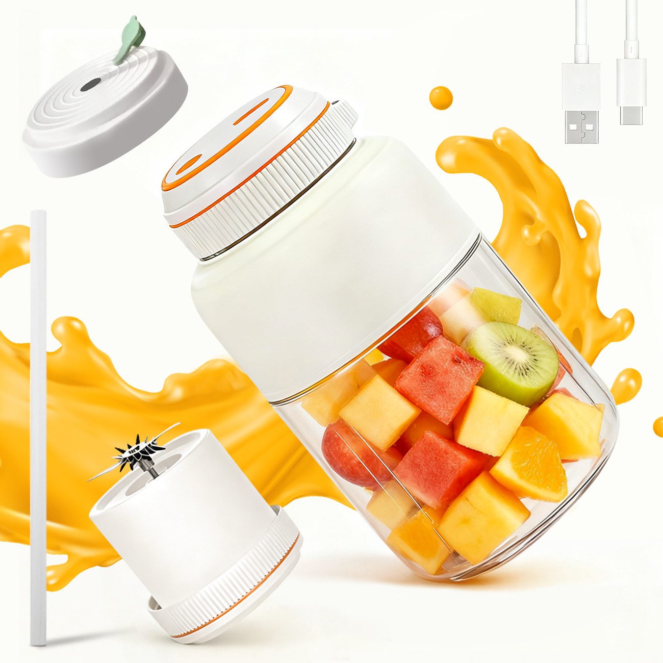 Fine Life Pro Entsafter 800ml Tragbare Smoothie-Maker, Mini-Saftpresse mit Edelstahlmesser, 80W, 1300*2mAh Akku – Frischer Saft überall