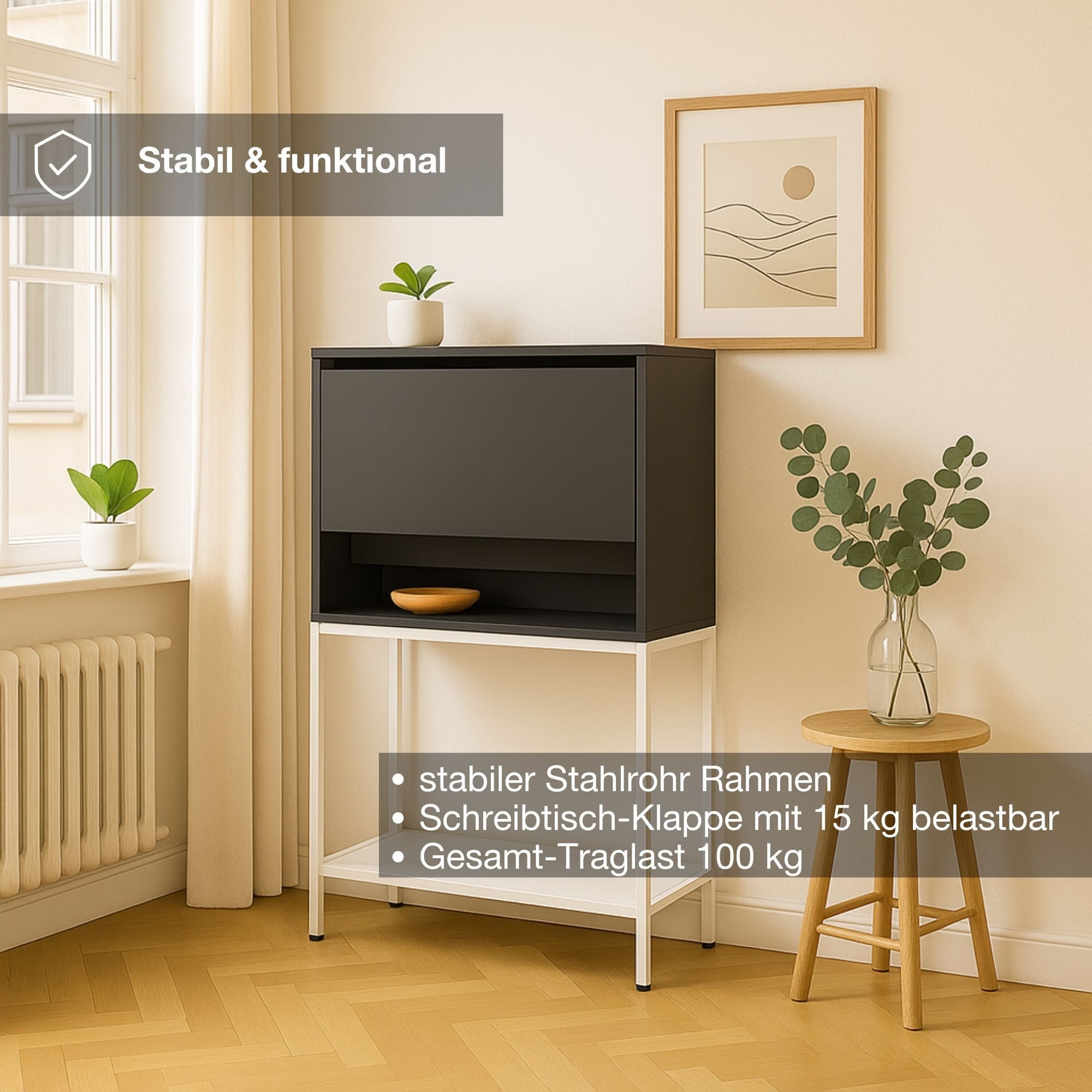 ASSMANN Büromöbel Sekretär CUBAS (74x80cm Anthrazit Schwarz Anthrazit, einfache Montage, für Homeoffice), TÜV-zertifiziert