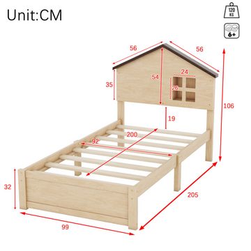 Flieks Kinderbett, Holzbett Hausbett 90x200cm mit Fensterdekoration und LED-Nachtlicht