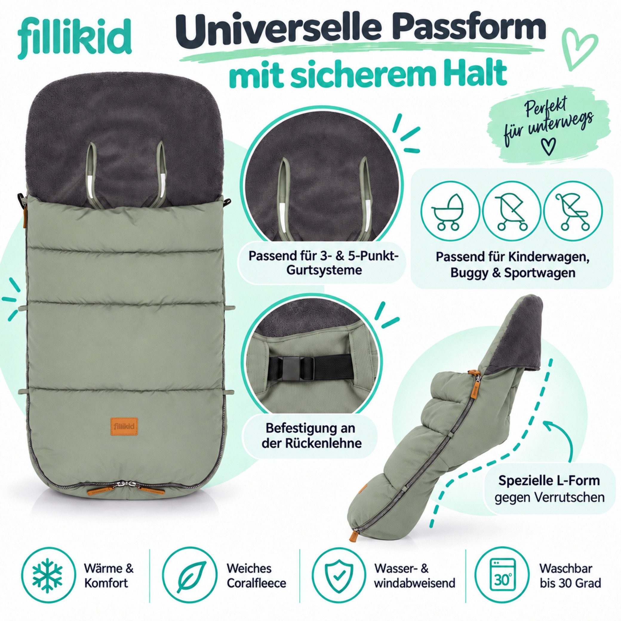 Fillikid Fußsack Winterfußsack Kinley Exklusiv, warmer Winterfußsack waschbar mit Rundum Reißverschluss und – Bild 4 von 5