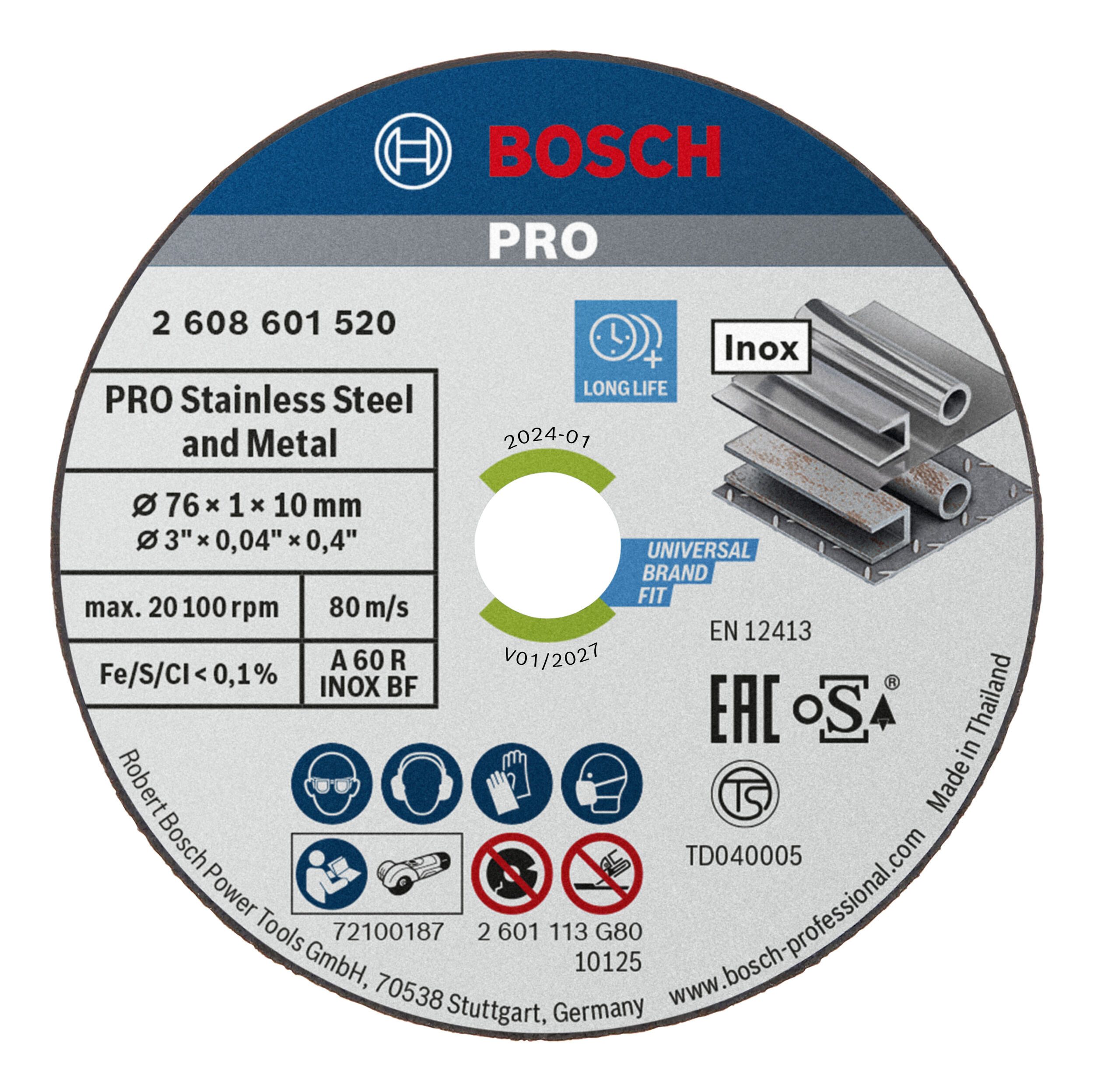 BOSCH Trennscheibe Pro Stainless Steel and Metal A 60 R INOX BF, Ø 76 mm, (5 Stück), 76 x 1 x 10 mm - 5er-Pack