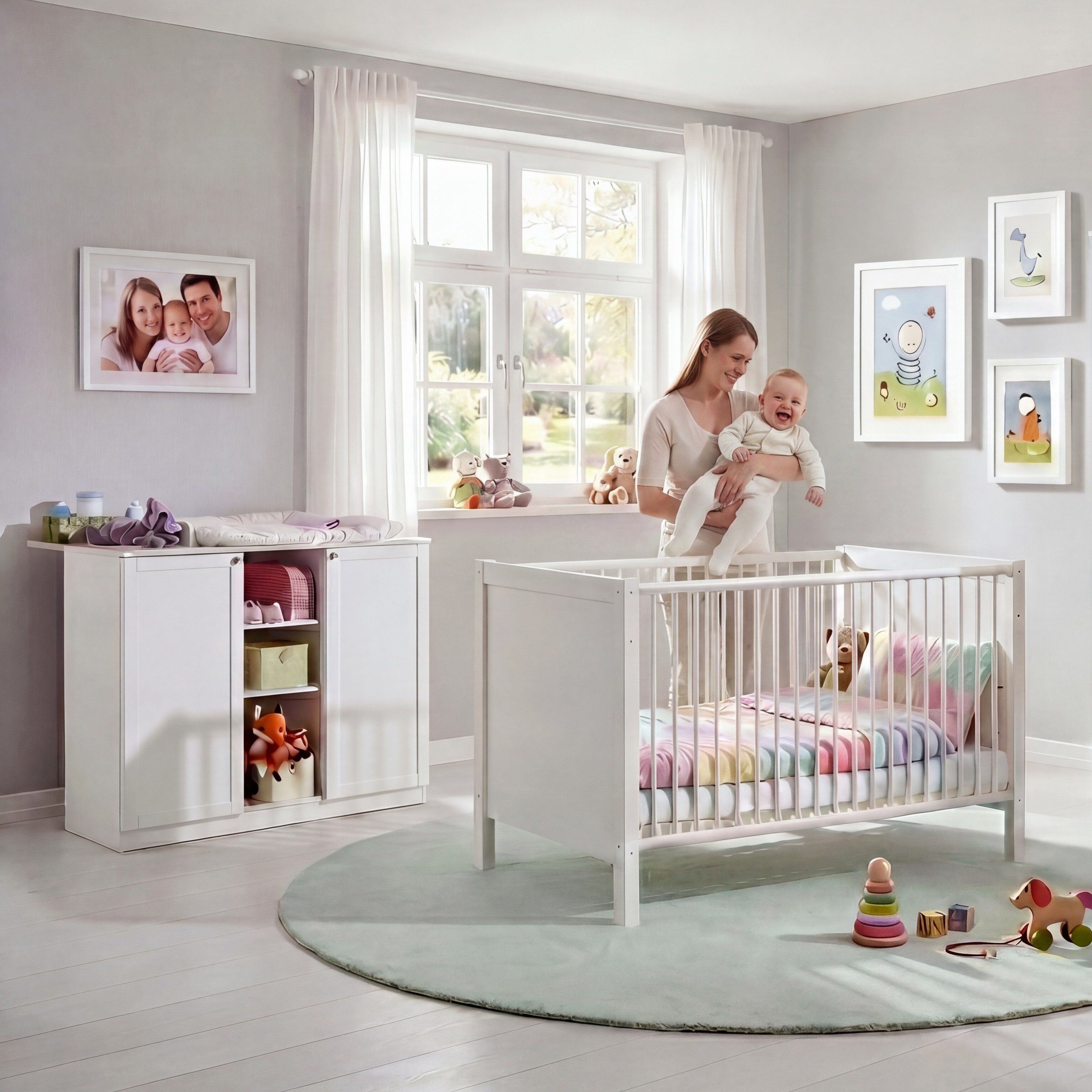 luma-home Babyzimmer-Komplettset 22800, (2-teilig – Babymöbel für Kinderzimmer mit Babybett 70x140 cm), Wickelkommode B122/H101/T75 cm mit Soft-Close, Landhausstil in Weiß