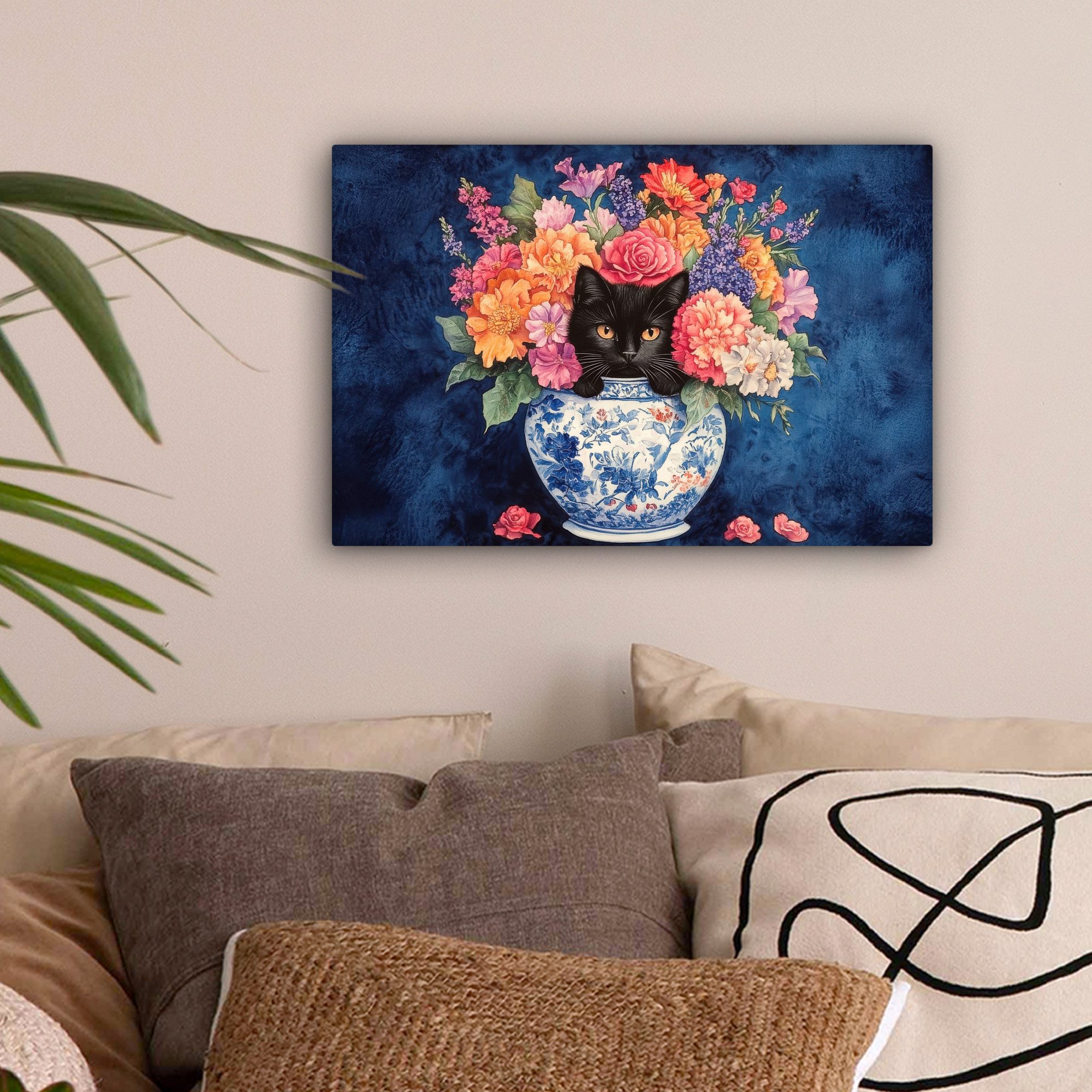 OneMillionCanvasses® Leinwandbild Katze - Bunte Blumen günstig online kaufen
