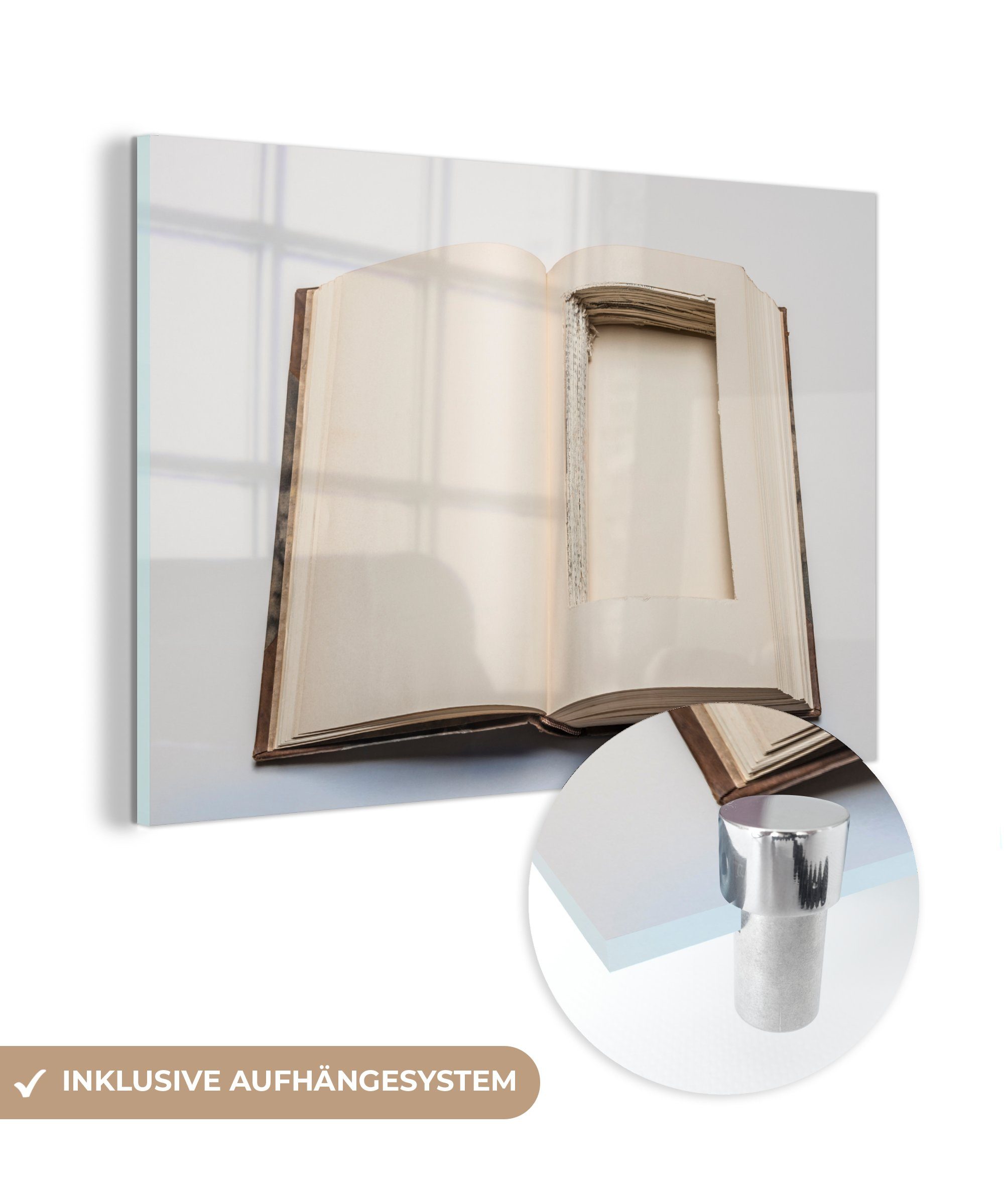 MuchoWow Acrylglasbild Loch in einem Wohnzimmer Acrylglasbilder St), Schlafzimmer Buch, & (1