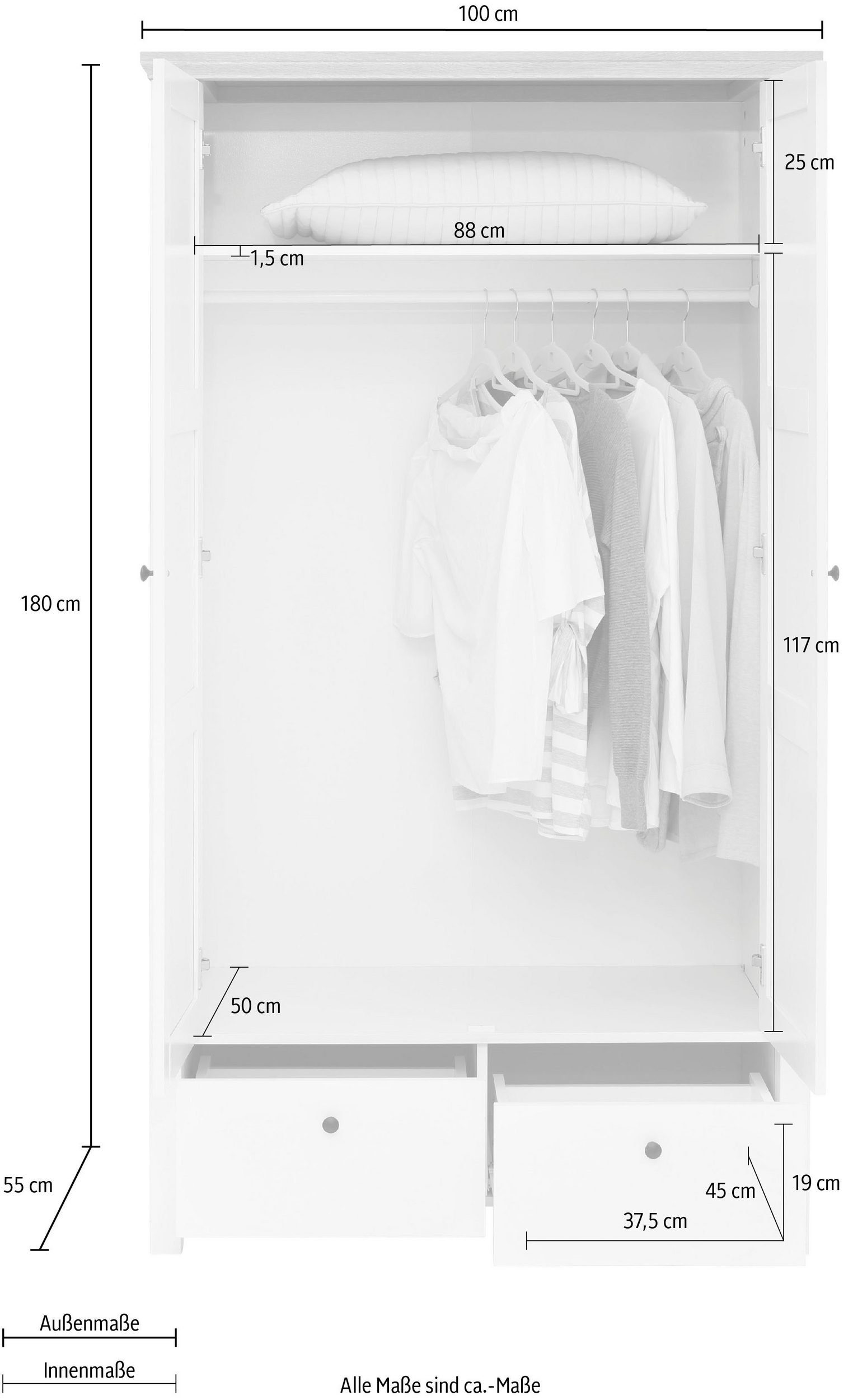 cm weiß mit Kleiderschrank Mandela 100 Kleiderstange, Breite im Landhausstil, loft24