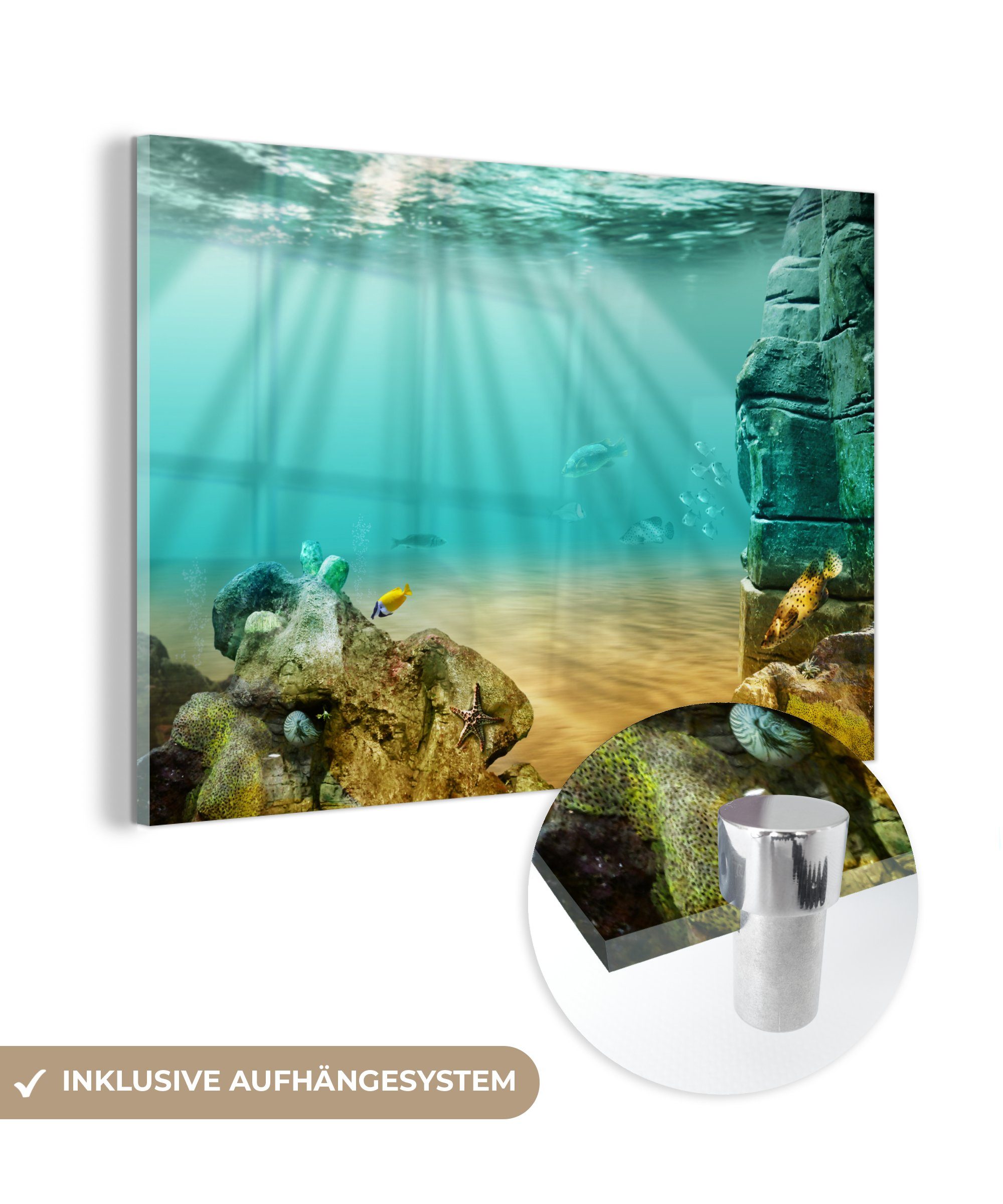MuchoWow Acrylglasbild Sonnenstrahlen leuchten unter dem Meer, (1 St), Acrylglasbilder Wohnzimmer & Schlafzimmer