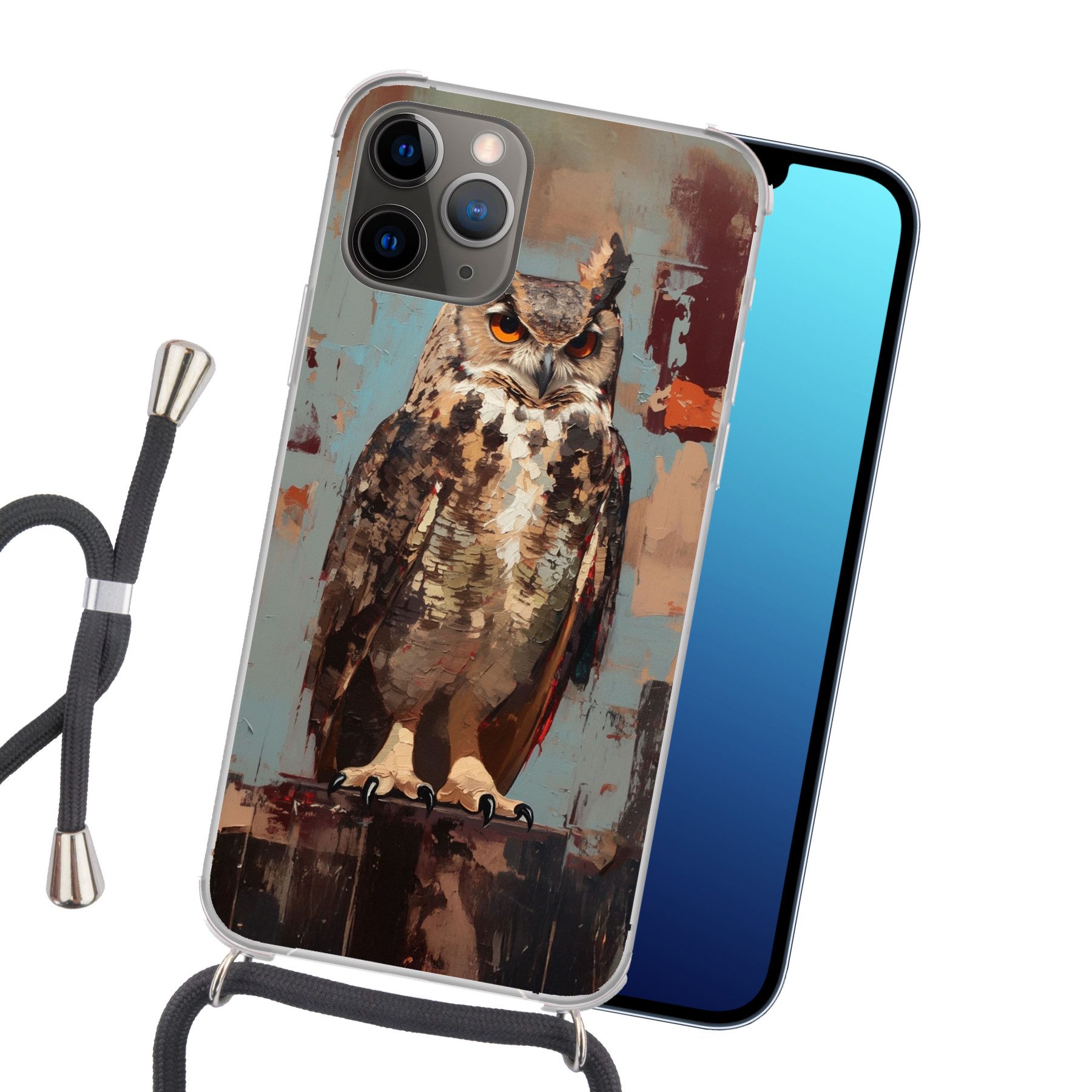MuchoWow Handyhülle für Apple iPhone 13 Pro Max Gemalt - Abstrakt - Eule - Braun, Tragbare Handyhüllen mit Kette zum umhängen, Handykette Handyband