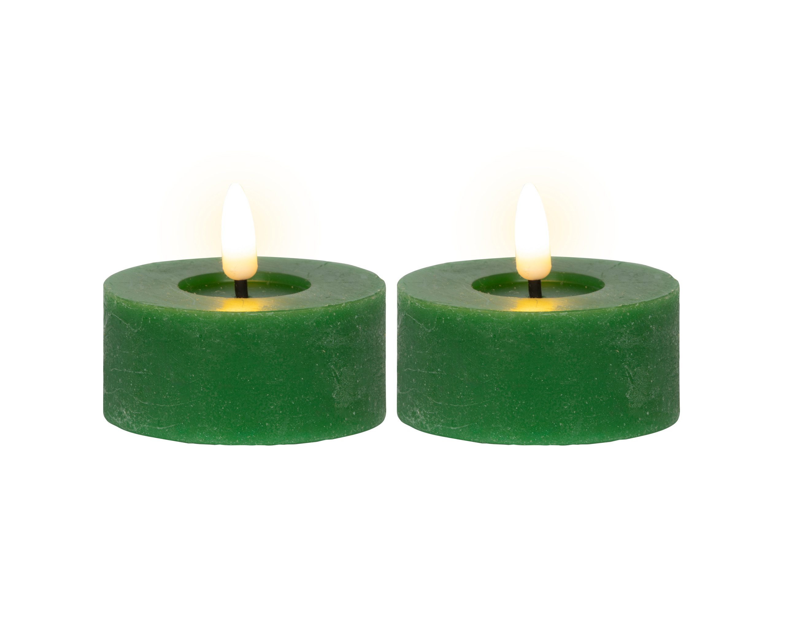 Lumineo LED-Kerze, LED Teelichter mit Timer 7x6cm Wachs Dunkelgrün / Warmweiß 2 Stück