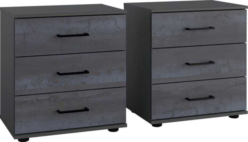 Wimex Nachtkonsole Kopenhagen (Innendekor Leinen grau, pflegeleichte Kunststoffoberfläche, 1 St., 2er Set, jeweils mit 3 Schubladen, B/T/H je 52 cm / 35 cm / 58 cm), 52cm graphit Digitalprint Steel-Optik