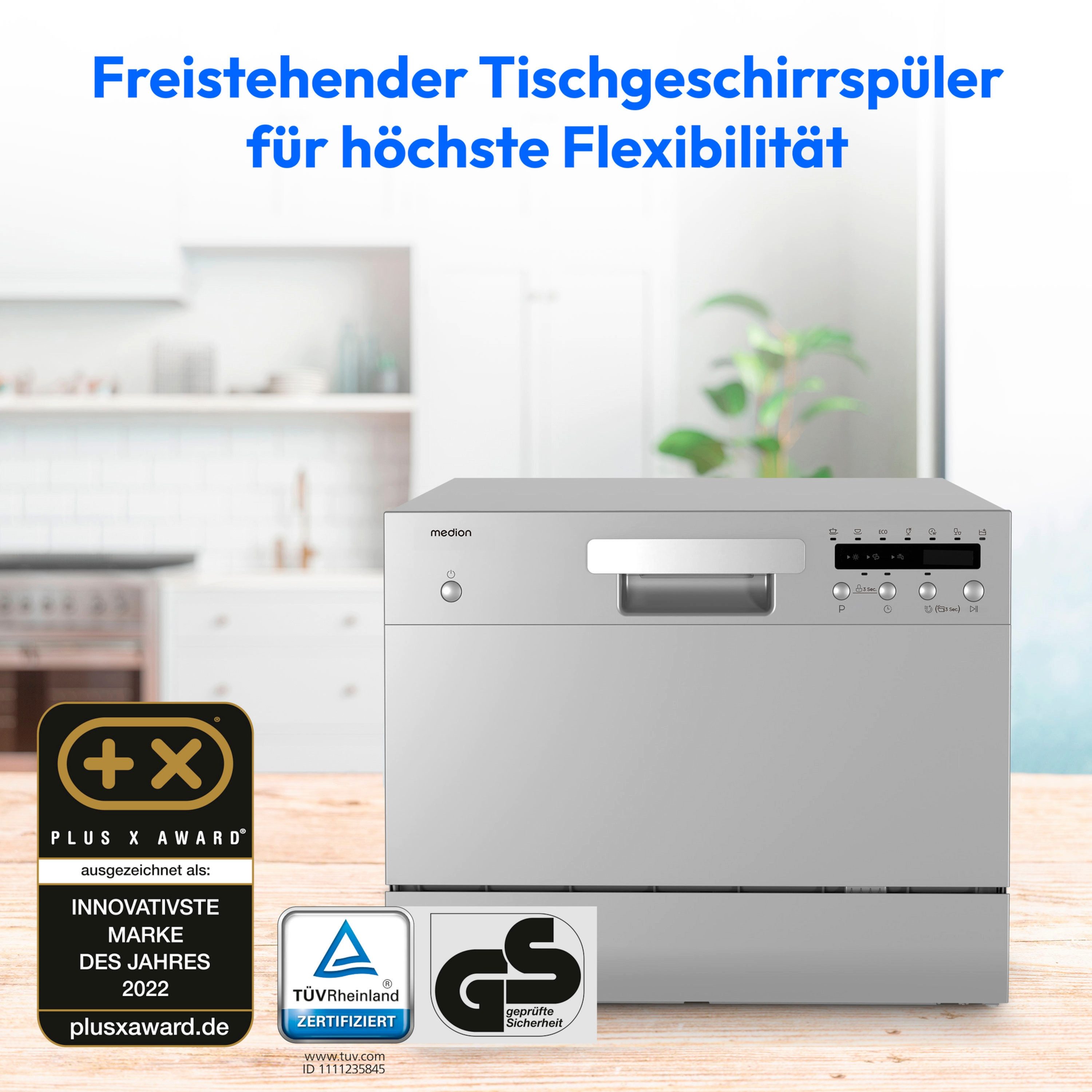 Medion® Tischgeschirrspüler MD37496, 6 Maßgedecke, mit/ohne Wasseranschluss, 7 Reinigungsprogramme, freistehend, silber