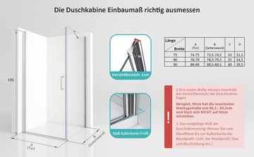 Boromal Eckdusche Duschkabine Eckeinstieg Pendeltür Drehtür mit seitenwand NANO H:195cm, BxT: 75x90 cm, 5mm Sicherheitsglas, Duschtür Schwingtür, mit Alu-Bodenleiste, variabler Verstellber Aluprofil, Magnetdichtleisten