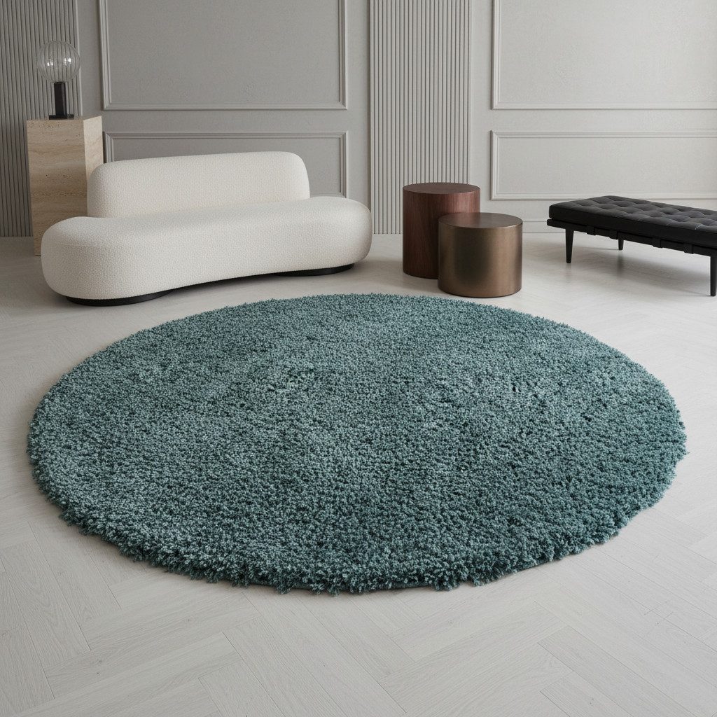 KADIMA DESIGN Teppich SPREE Shaggy Langflor Wohnzimmer Schlafzimmer Waschbar Flauschig, Rund, Höhe: 32 mm, Türkis, 80x80 cm, Wohnzimmerteppich Strapazierfähig Waschbar