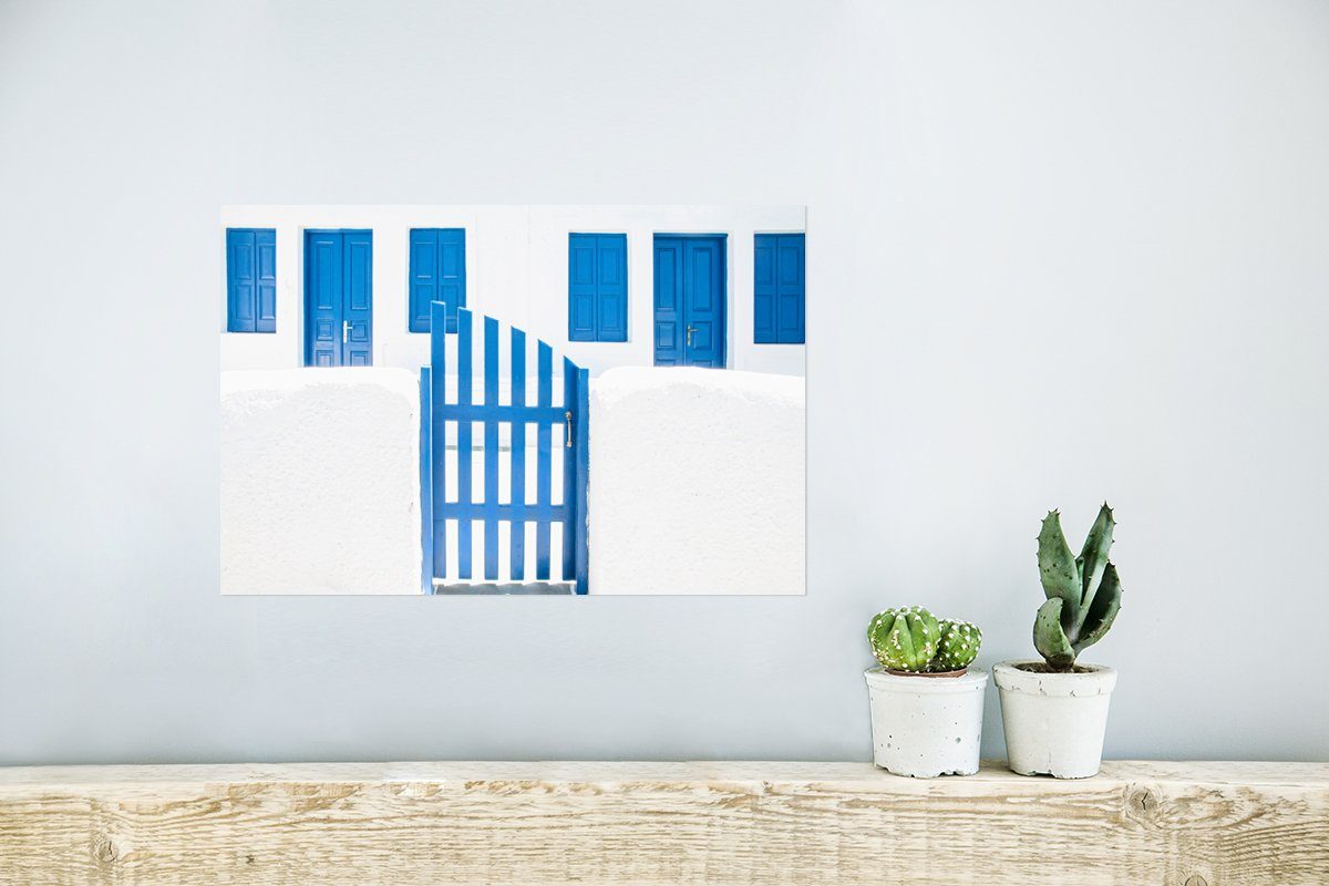 Blau Rahmen Poster Zaun (1 Wandposter für Türen, MuchoWow Ohne Wandbild, St), Architektur - Weiß - - Wohnzimmer, - Poster,