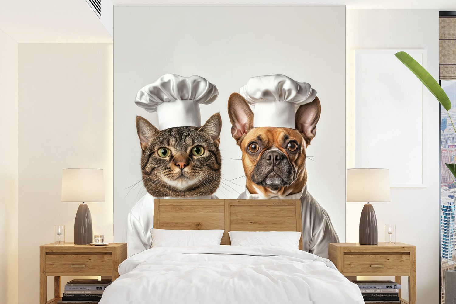 MuchoWow Fototapete Katze - Hund - Kochkleidung, Matt, bedruckt, Wallpaper für Wohnzimmer, Schlafzimmer, Vinyl Tapete, 165x220 cm