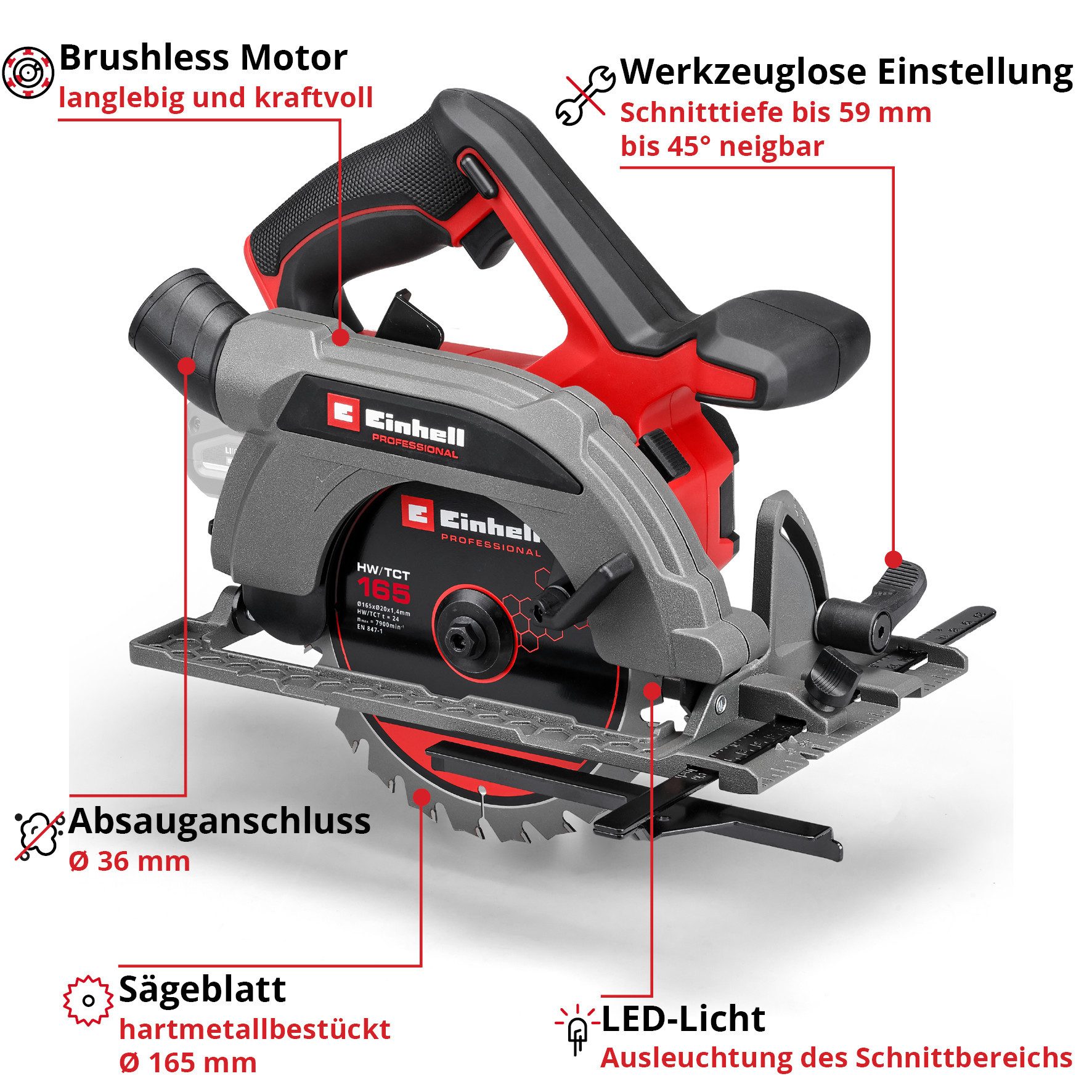 Einhell Akku-Handkreissäge TP-CS 18/165 Li BL - Solo, ohne Akku und Ladegerät