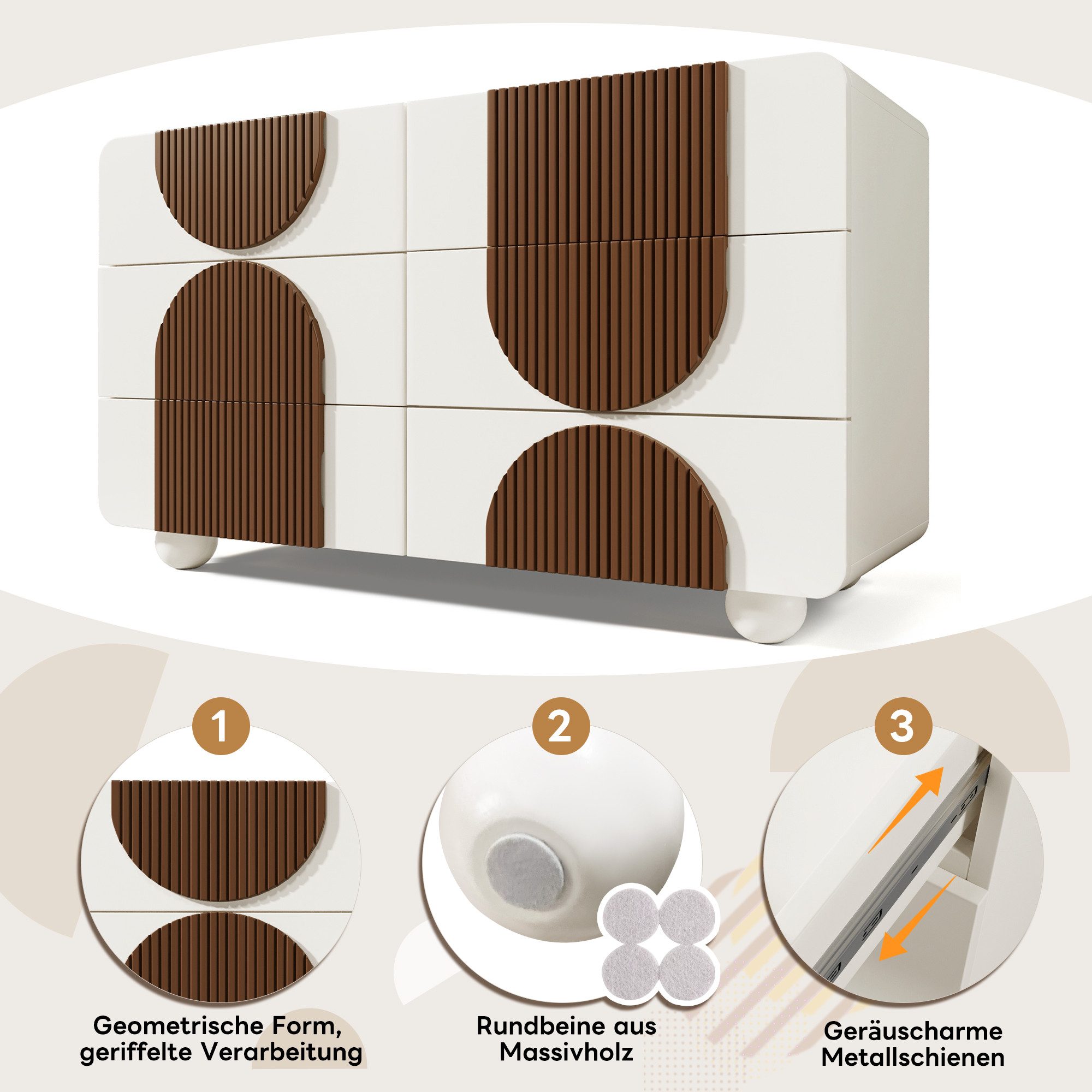 Flieks Kommode mit 6 Schubladen & geschwungenem Design (121x71x41 cm, 1 St., Beine aus Massivholz), Sideboard mit schokoladenfarbenen Holzleisten Mehrzweckschra – Bild 5 von 5