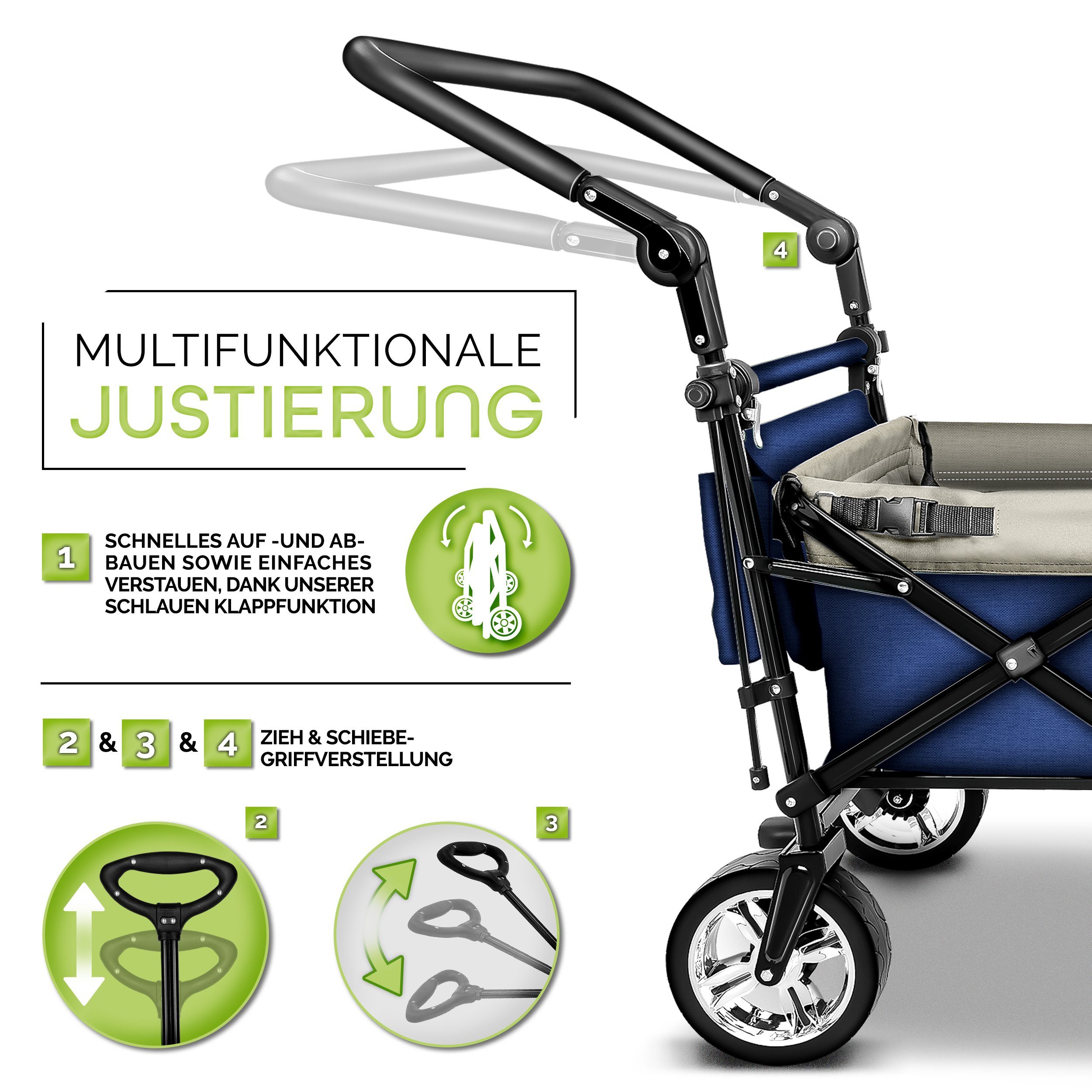 2x3-Punkt Transportwagen und + Handwagen Bollerwagen Gurtsystem klappbar mit Vorder- Blau + Hinter-Bremse mit 80 TRESKO kg mit Vollgummi-Reifen), (Gartenwagen Tragetasche bis Dach faltbar