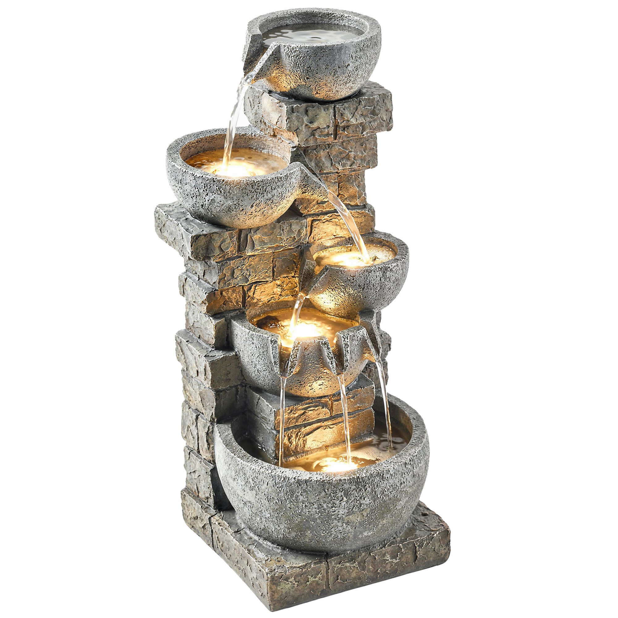 Outsunny Gartenbrunnen mit LED Beleuchtung, Pumpe, Steinoptik, 36 cm Breite, Wasserbecken BxT: 36x34 cm, (Springbrunnen, 1 tlg., Zimmerbrunnen), für Garten Terrasse 34 x 36 x 80 cm