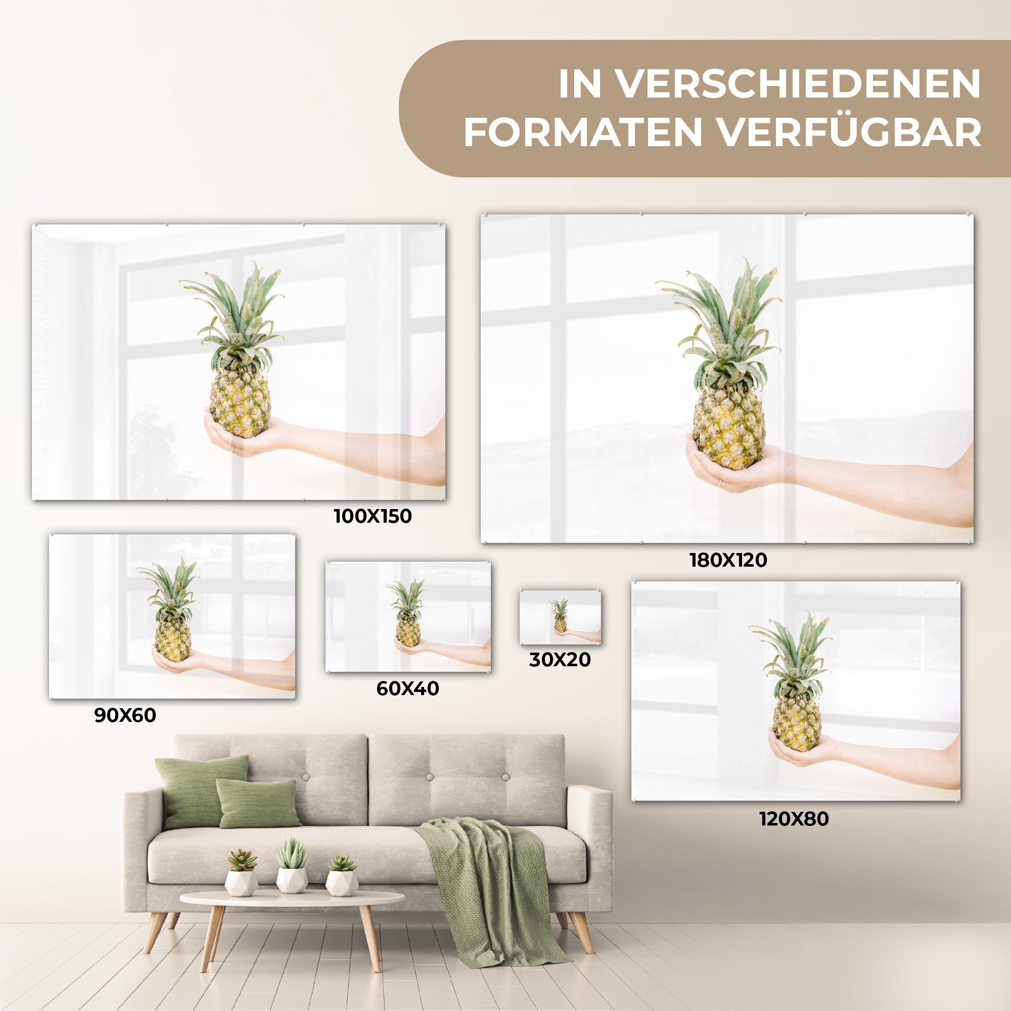 Gelb Tropisch, - Acrylglasbilder St), Wohnzimmer - MuchoWow Ananas & Acrylglasbild (1 Schlafzimmer