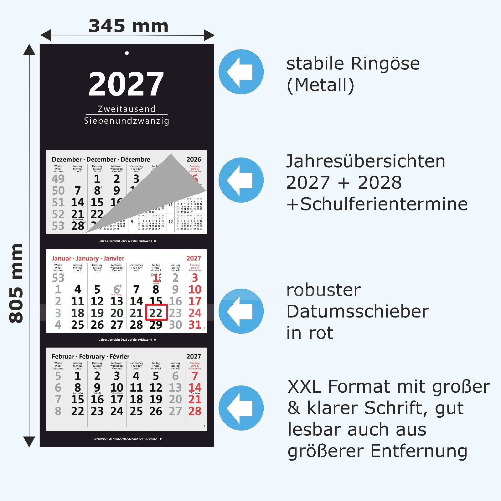 Anschütz Wandkalender XXL 3-Monatskalender 2027 – Bild 2 von 5