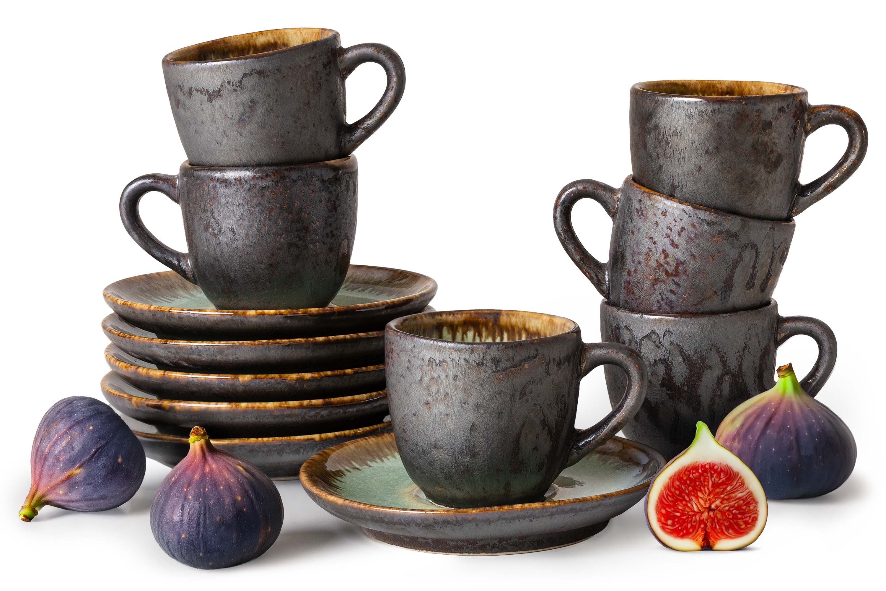 KONSIMO® Kaffeeservice PRIMA Espressotassen-Set, handgefertigt, Premiumqualität aus EU (12-tlg), 6 Personen, Keramik, hochwertige Kunstproduktion, organische Form, spülmaschinengeeignet