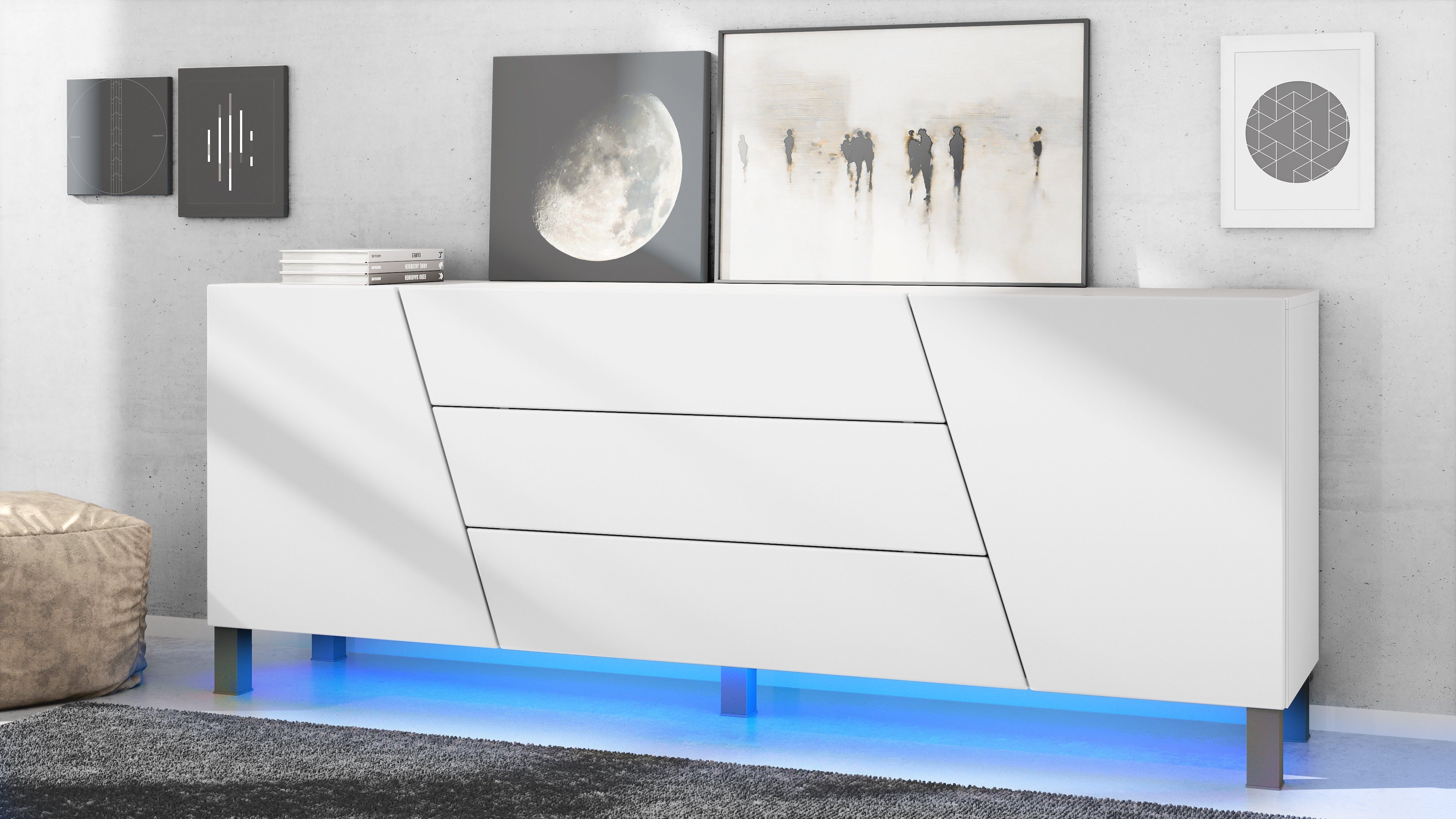 Vladon Sideboard Houston (Kommode, mit 2 Türen und 3 Schubladen inkl. LED-Beleuchtung), Weiß matt (178 x 57,5 x 38,5 cm)