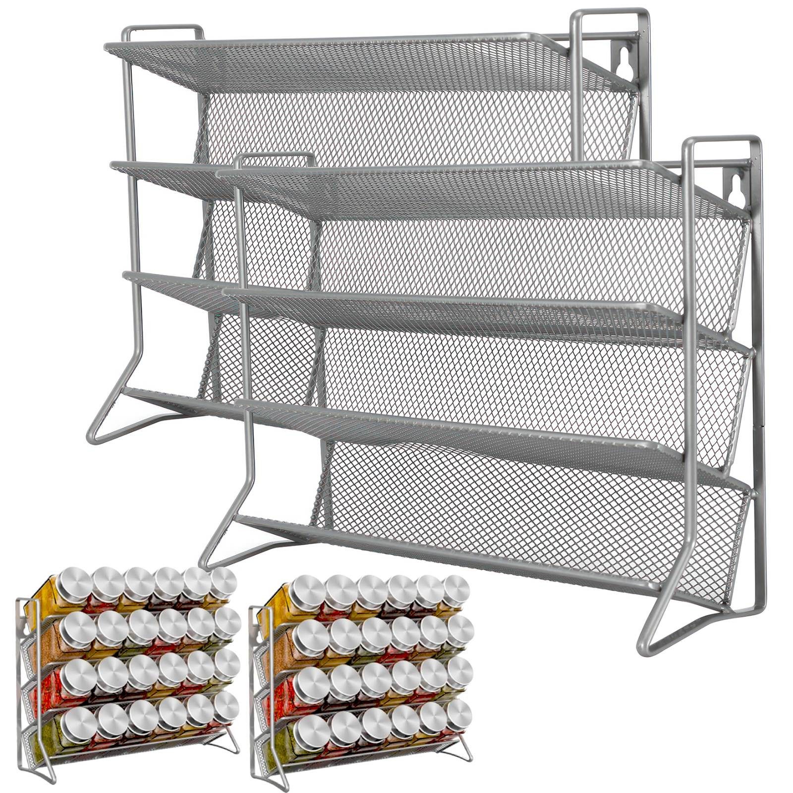 BlingBin Gewürzregal 4-Etage Gewürzständer, Stehend Gewürz, Regal küchenregal, 2er Set 2-tlg., Gewürz Organizer für Küchenschrank und Arbeitsfläche, Silber Grau