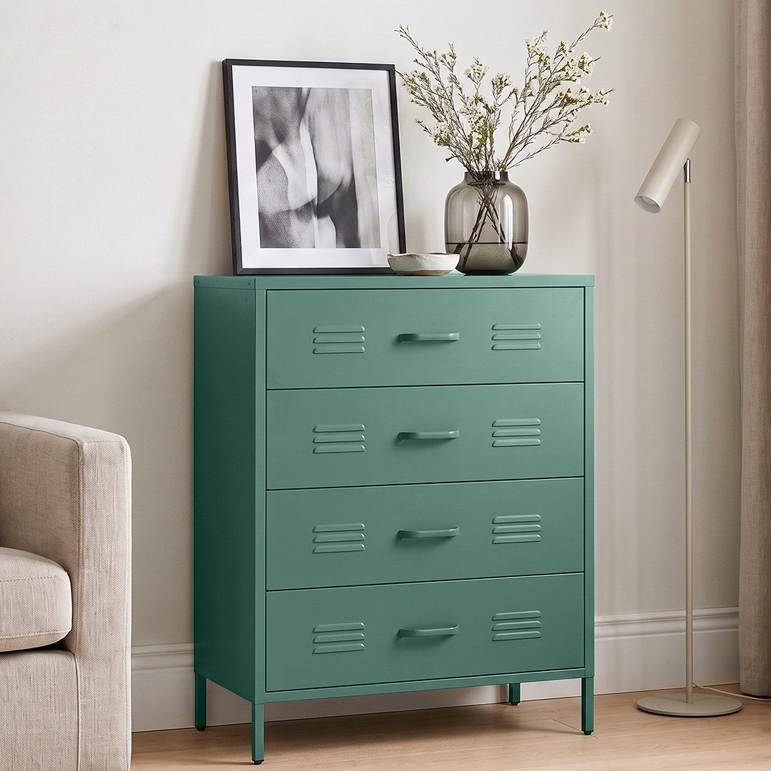 skølm Kommode Atria aus Metall (Dunkelgrün), Sideboard mit 4 Schubladen, Metallschrank mit höhenverstellbaren Füßen