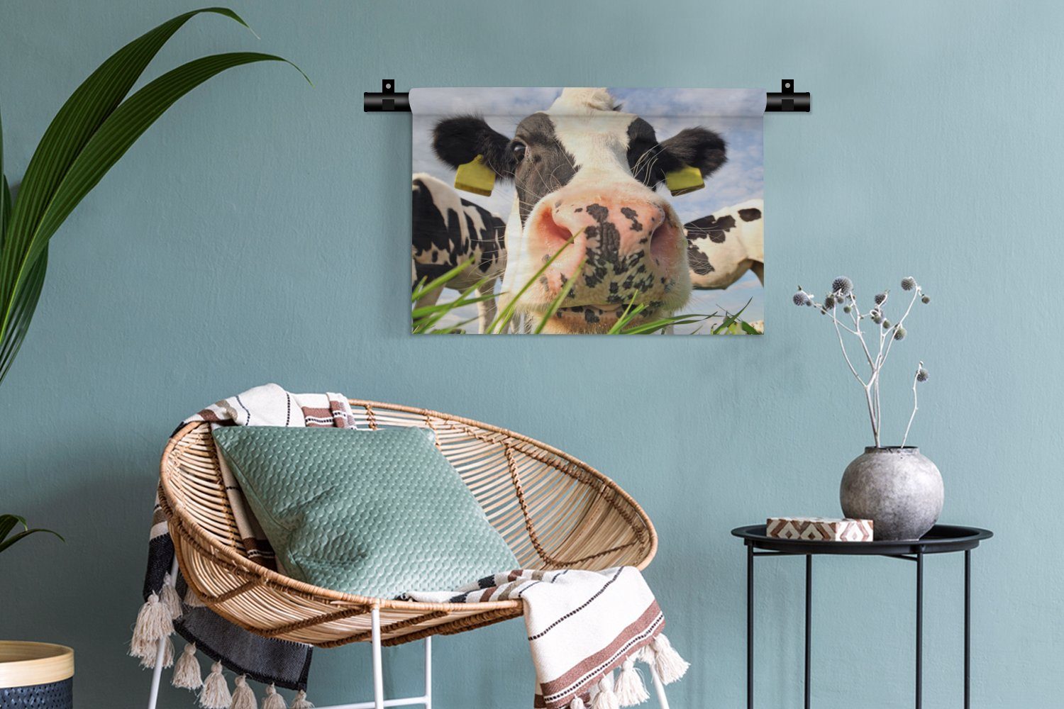 Wandbehang, Wanddeko Tiere, - Kleid, Kinderzimmer Schlafzimmer, für MuchoWow Wohnzimmer, - Bauernhof Gras Kuh - Wanddekoobjekt
