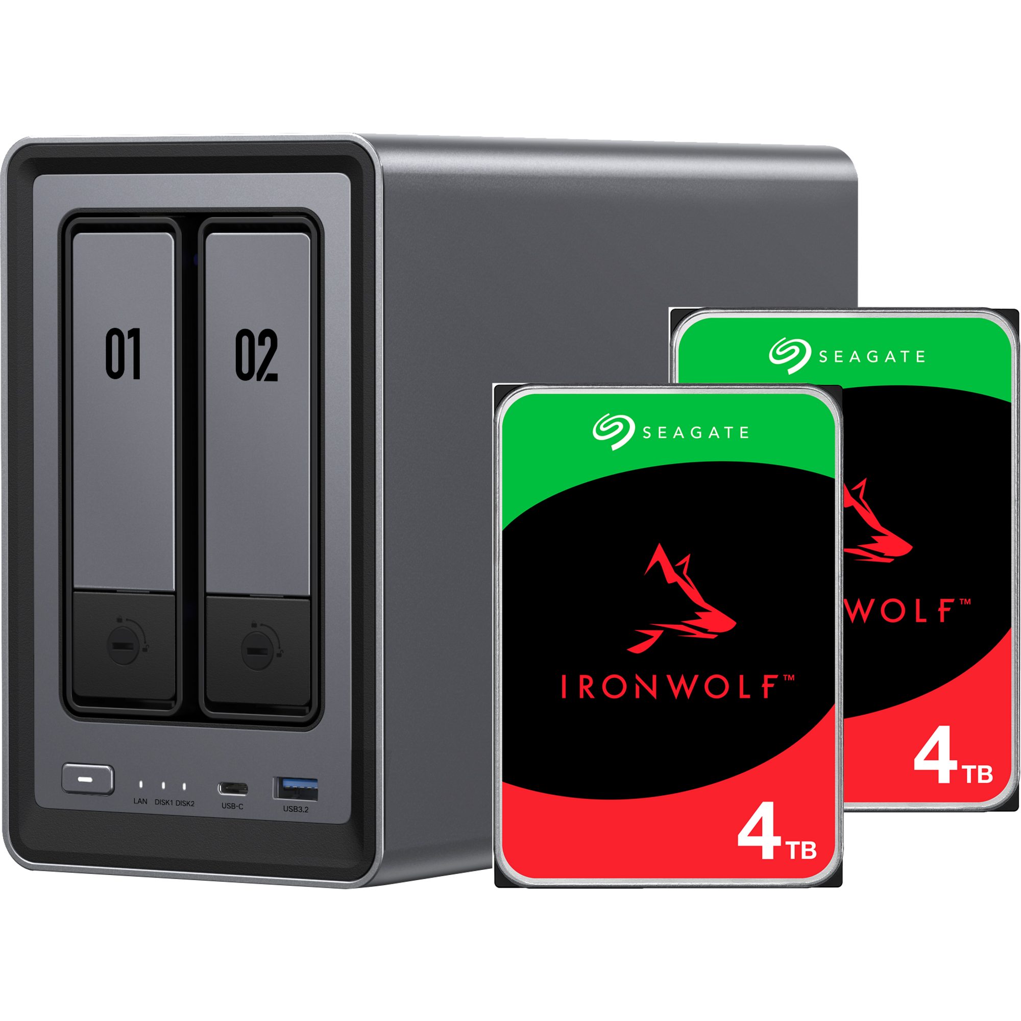 UGREEN Festplatten-Gehäuse UGREEN DXP2800 + 2x 4 TB Seagate IronWolf HDD Bundle, NAS