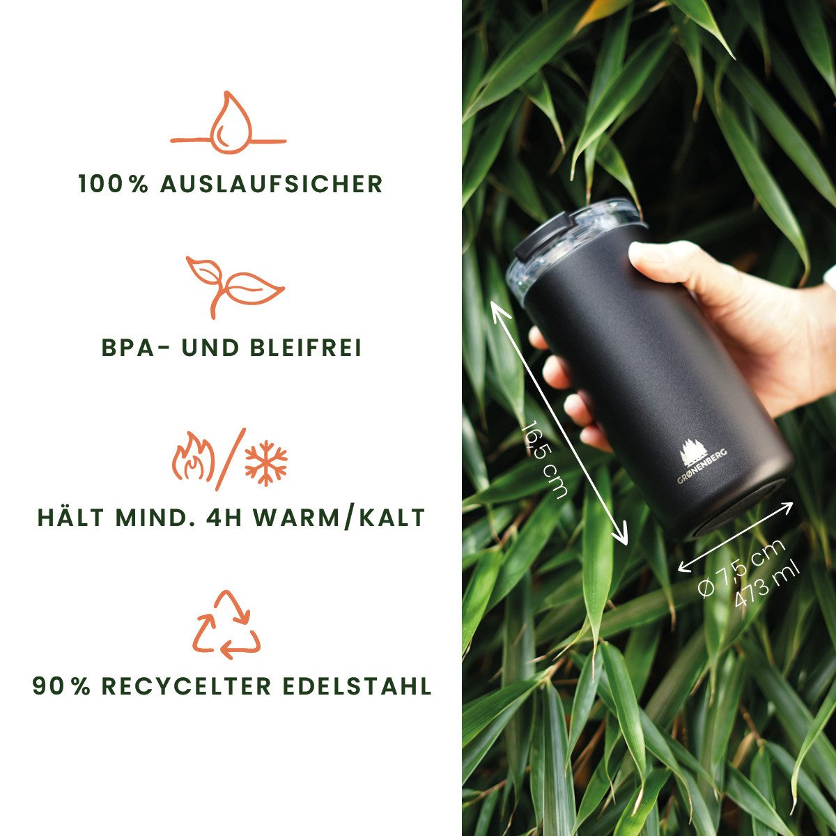 GRØNENBERG Thermobecher Kaffeebecher to go 440ml, 100% Auslaufsicher, Hält mind. 4 h warm, Rutschfest