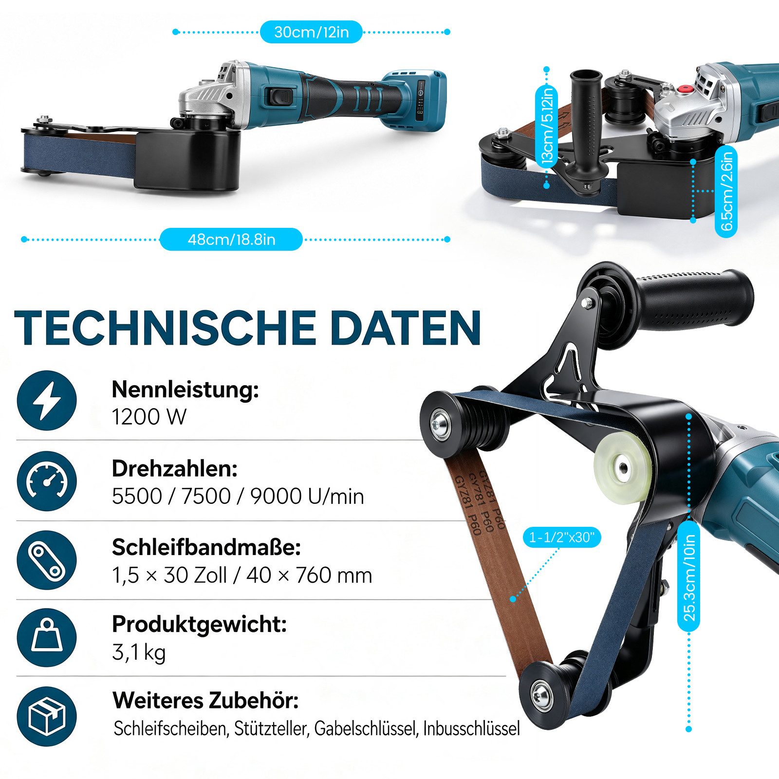 XERSEK Akku-Bandschleifer 3-IN-1 Rohrbandschleifer mit 2×4Ah Akku Rohrschleifer Schleifmaschine, max. 9000 U/min, (2 Schleifband, 3Gang 5500–9000U/min, 1200W Bürstenloser), 240° Umschlingung zum Polieren, Veredeln & Entrosten von Rohren