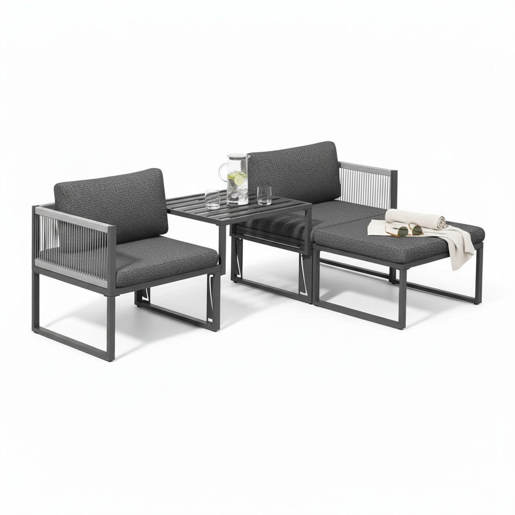 Mucola Gartenlounge-Set Aluminium Lounge-Set 4-teilig – wetterfeste Sitzgruppe mit Hocker, (Lounge-Set, 4-tlg., Lounge-Set, bestehend aus 2 Sitzelementen, Hocker und Modul), modular kombinierbar, wetterfestes Aluminiumgestell, Hocker