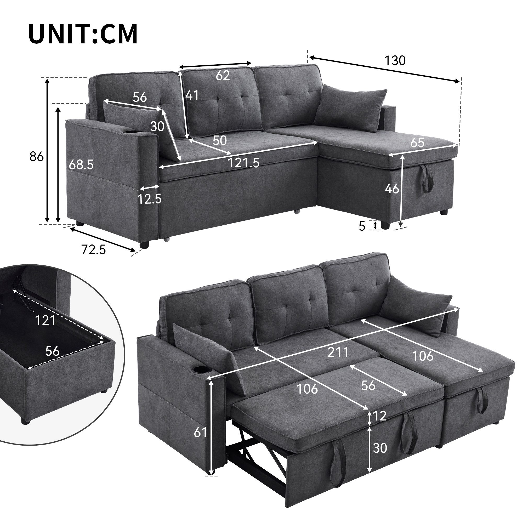 HAUSS SPOLE Big-Sofa Schlafsofa Polstersofa mit Stauraum, Getränkehalter, Seitentaschen, Schlafsofa mit Stauraum und Getränkehaltern, mit Relaxfunktion