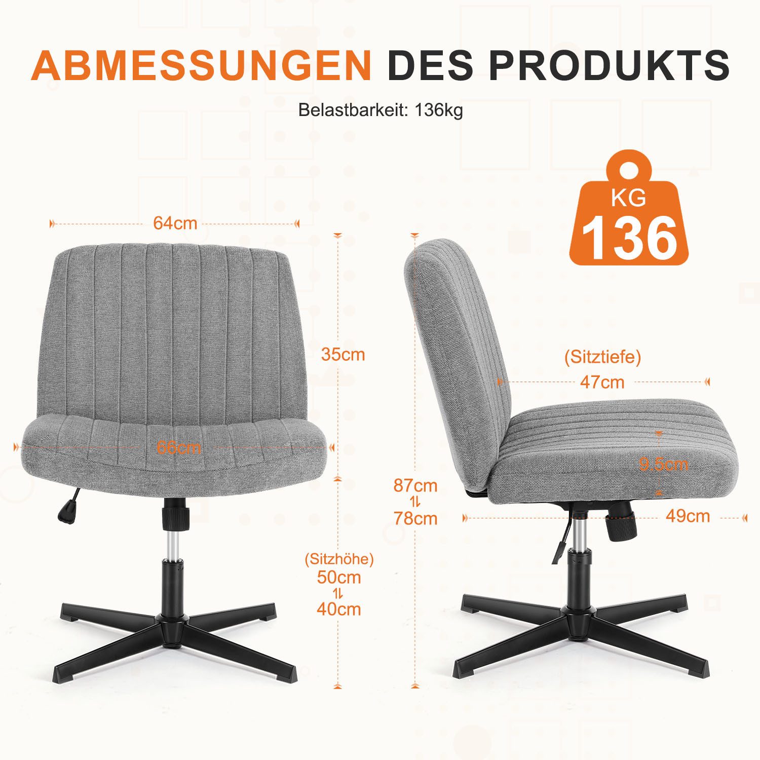 IDEASY Polsterstuhl Höhenverstellbarer Stoffstuhl mit gekreuzten Beinen ohne Armlehnen (Liftsessel 49×66×78~87 cm,Freizeitsessel mit verstellbarer Rückenlehne), Freizeitstuhl mit gekreuzten Beinen und Rückenlehne aus Stoffmaterial